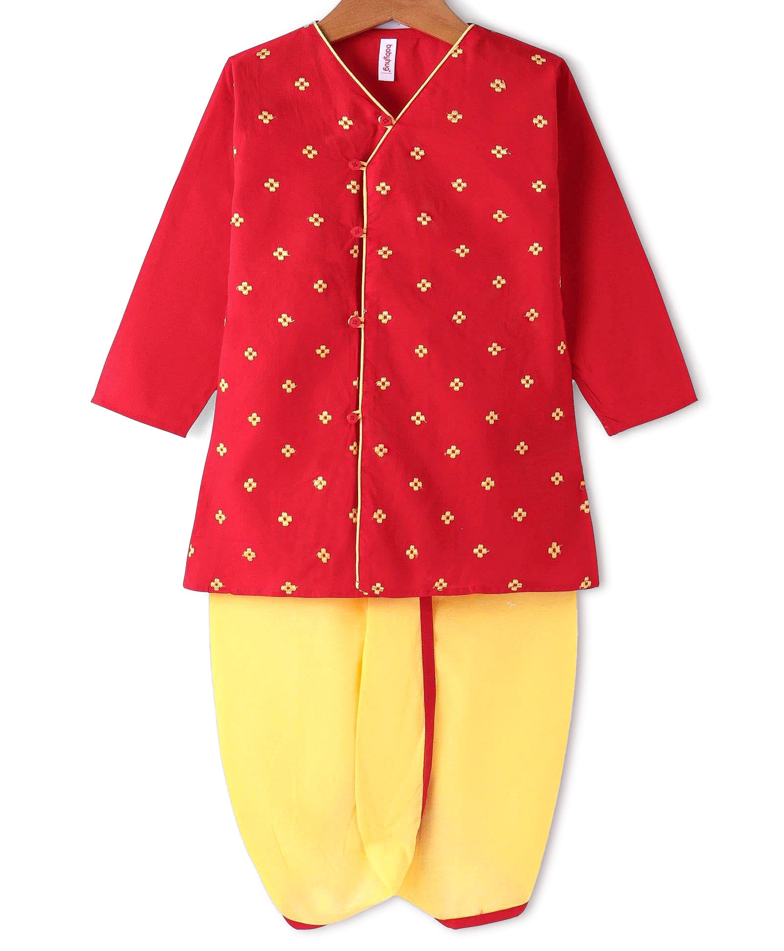 Babyhug Cotton Woven Full Sleeves Embroidered Overlap Kurta Dhoti Set - Red-image-49
