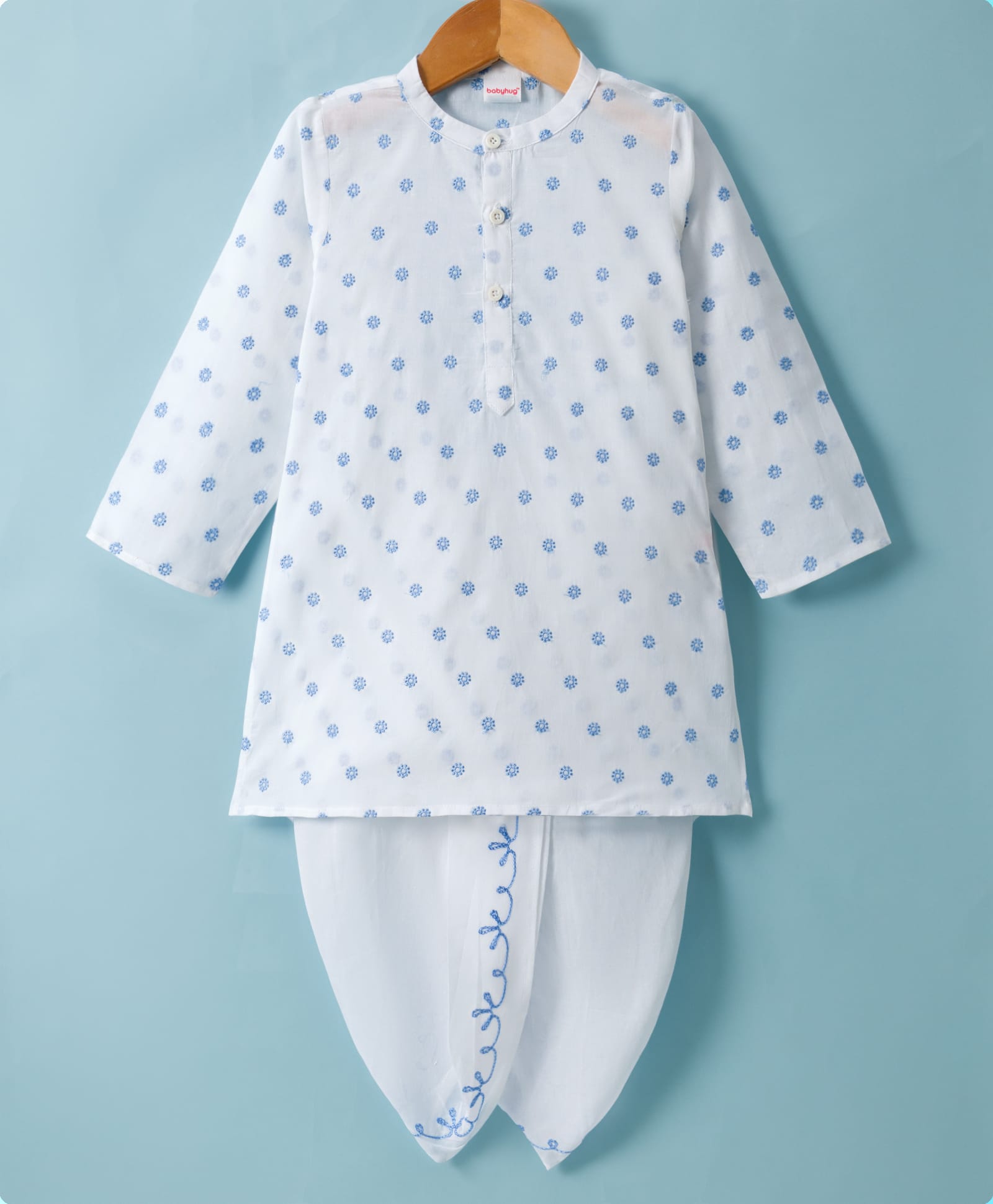 Babyhug Cotton Full Sleeves Embroidered Dhoti Kurta Set - White-image-0