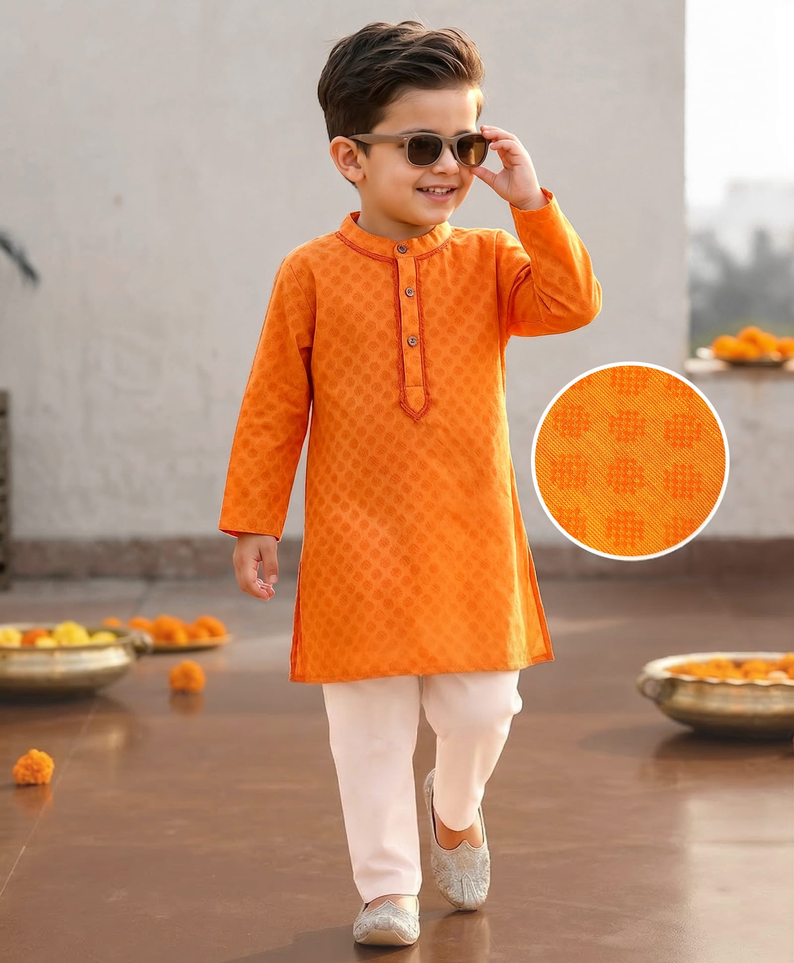 Babyhug Cotton Woven Cambric Dobby Full Sleeves Kurta Pyjama Set - Orange-picture-37