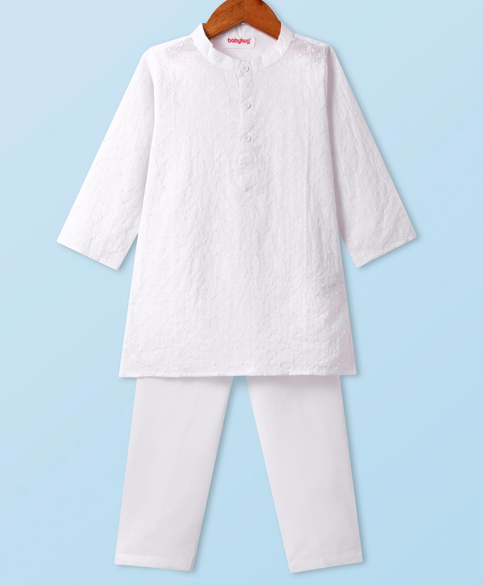 Babyhug Cotton Woven Cambric Schiffly Full Sleeves Kurta Pyjama Set - White