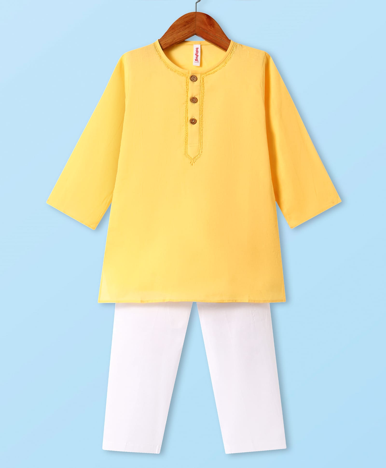 Babyhug Cotton Woven Cambric Embroidered Full Sleeves Kurta Pyjama Set - Yellow-picture-13
