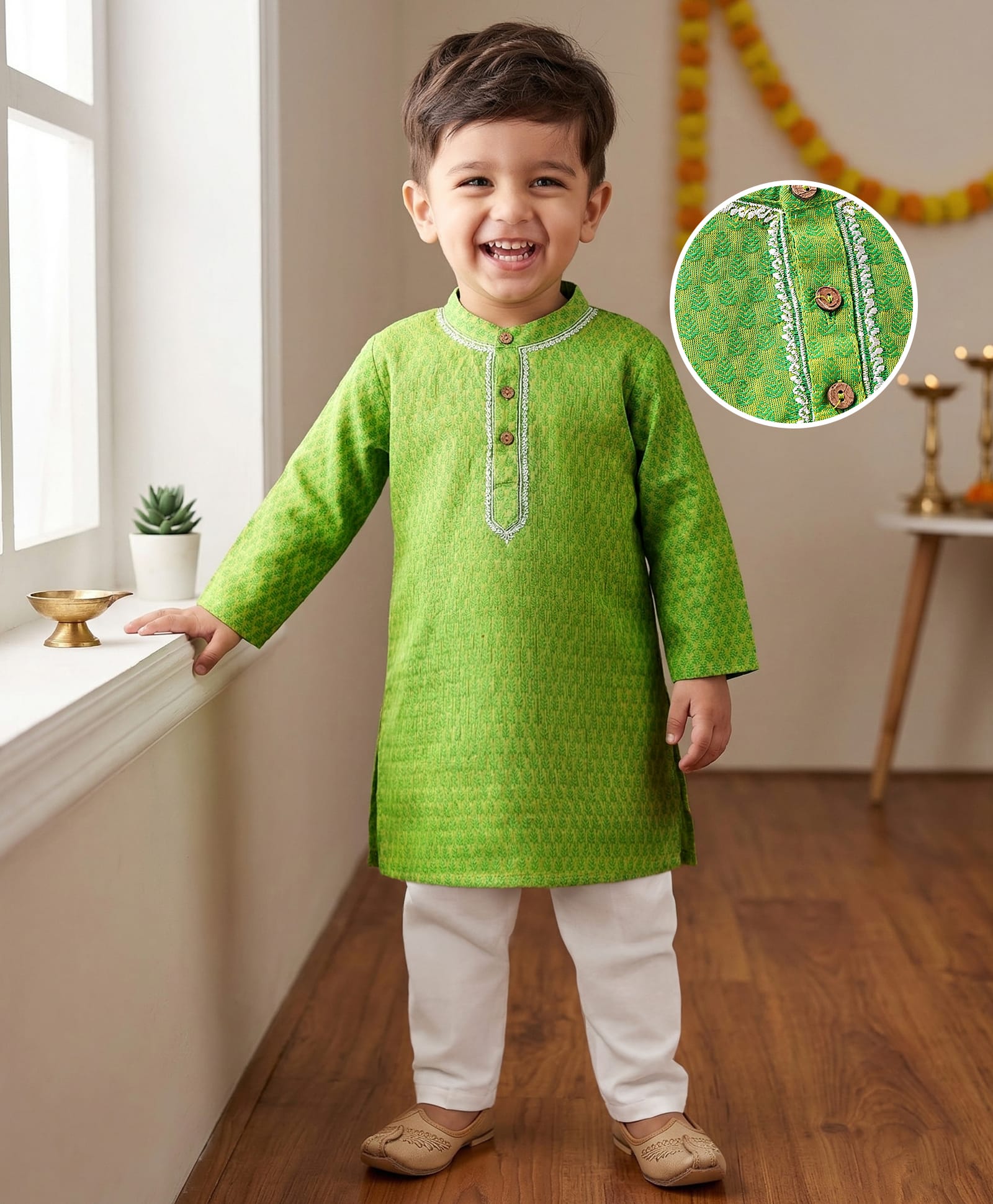 Babyhug Cotton Woven Cambric Dobby Embroidered Full Sleeves Kurta Pyjama Set - Green-picture-36