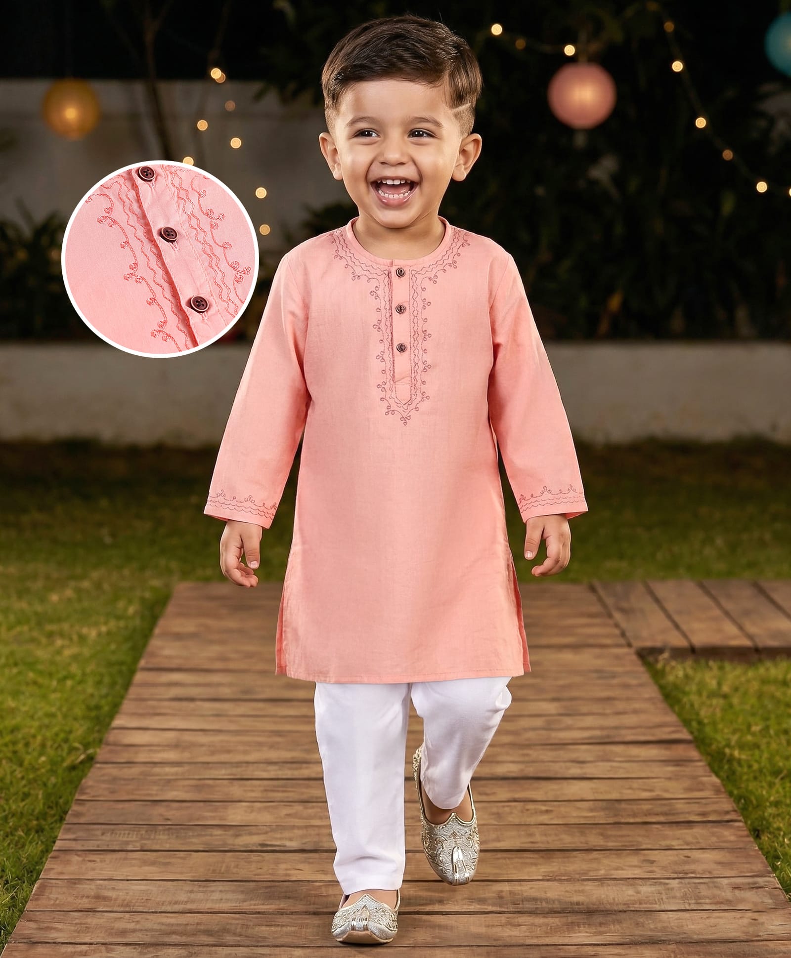 Babyhug Full Sleeves Cotton Woven Solid Kurta with Embriodery and Payjama Set - Coral-picture-21