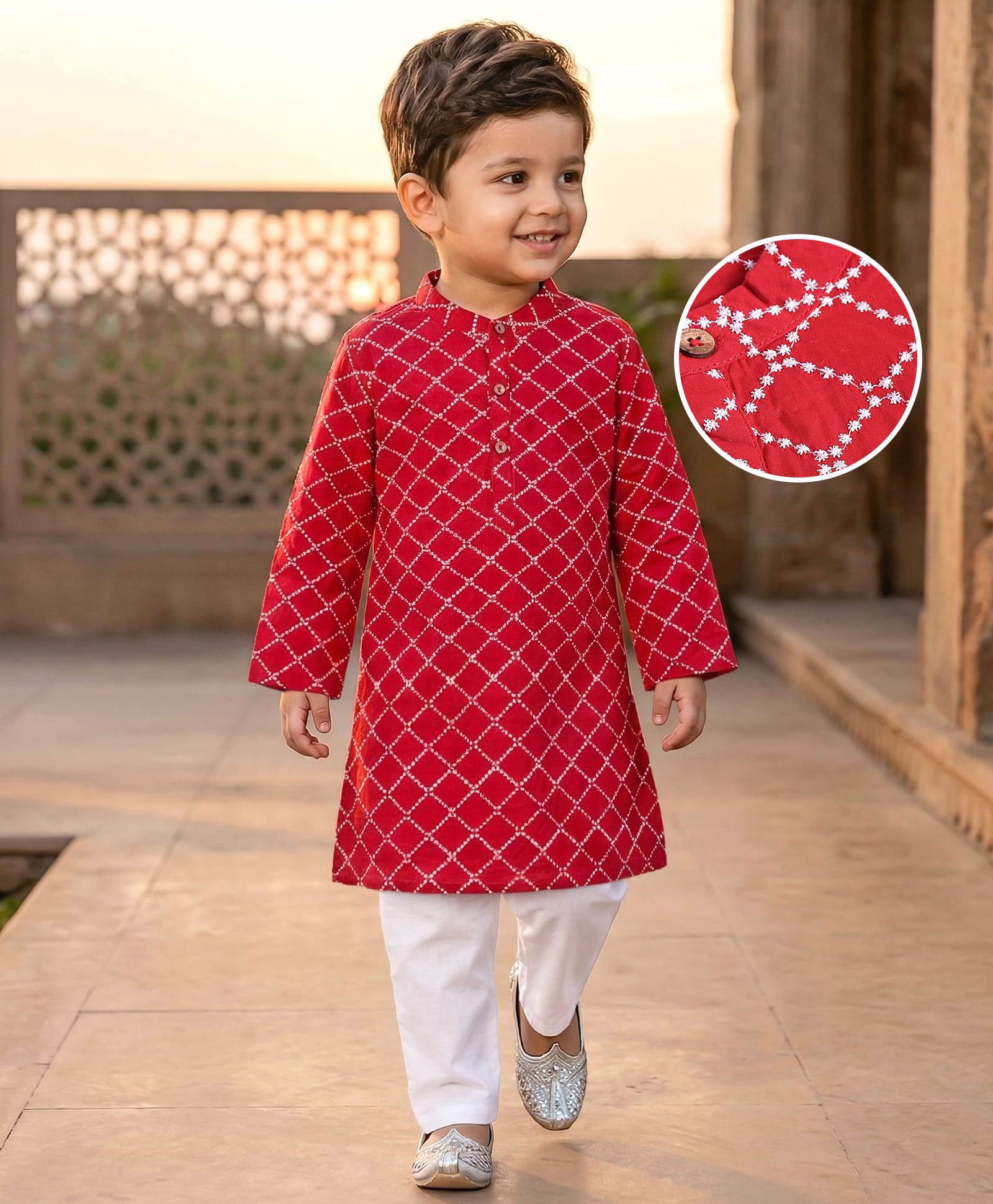 Babyhug Full Sleeves Cotton Woven Kurta with Embriodery and Payjama Set - Red-picture-25