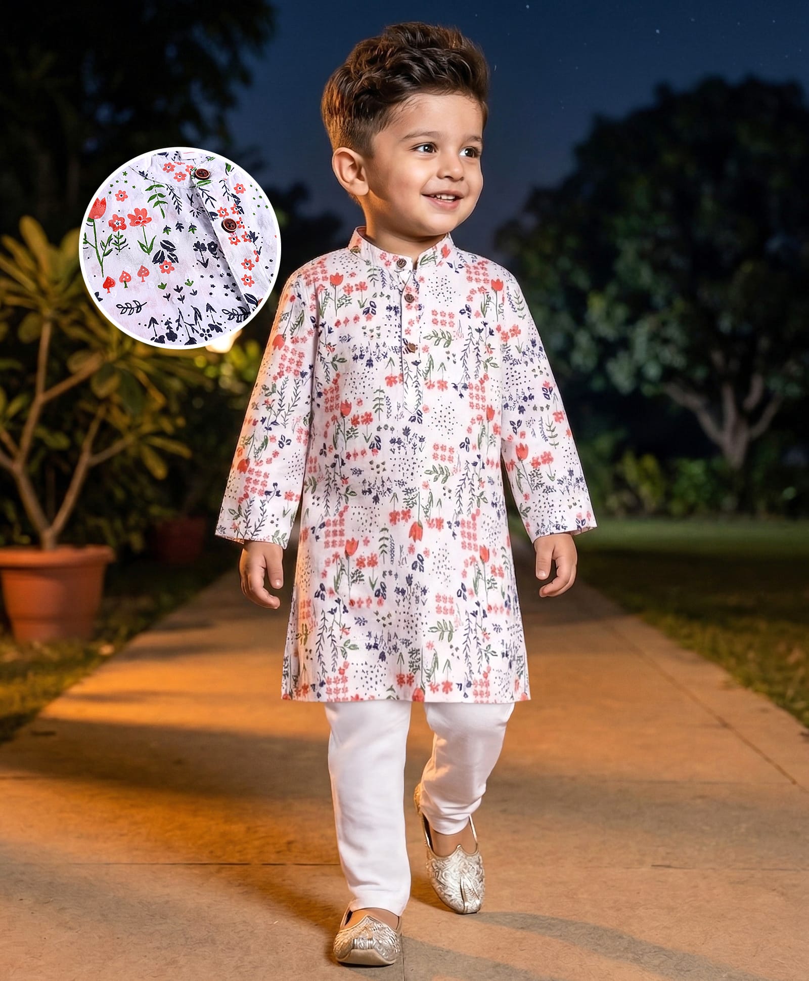 Babyhug Full Sleeves Cotton Woven Kurta with Floral Print and Payjama Set - White-picture-27