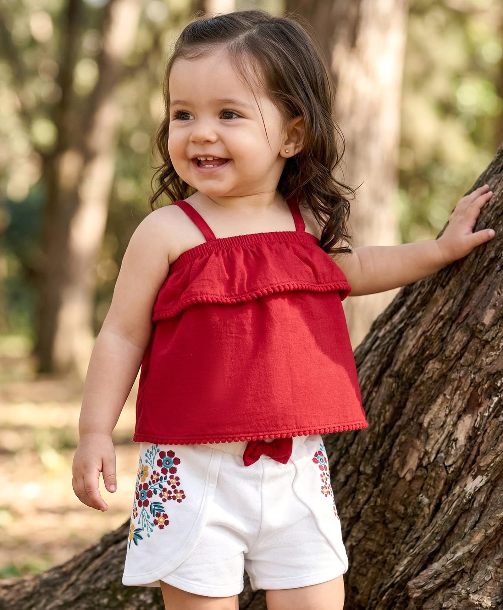 Babyhug Single Jersey Knit Singlet Off Shoulder Sleeves Solid Top & Shorts Set With Floral Embroidery & Bow Applique - Red & White-image-16