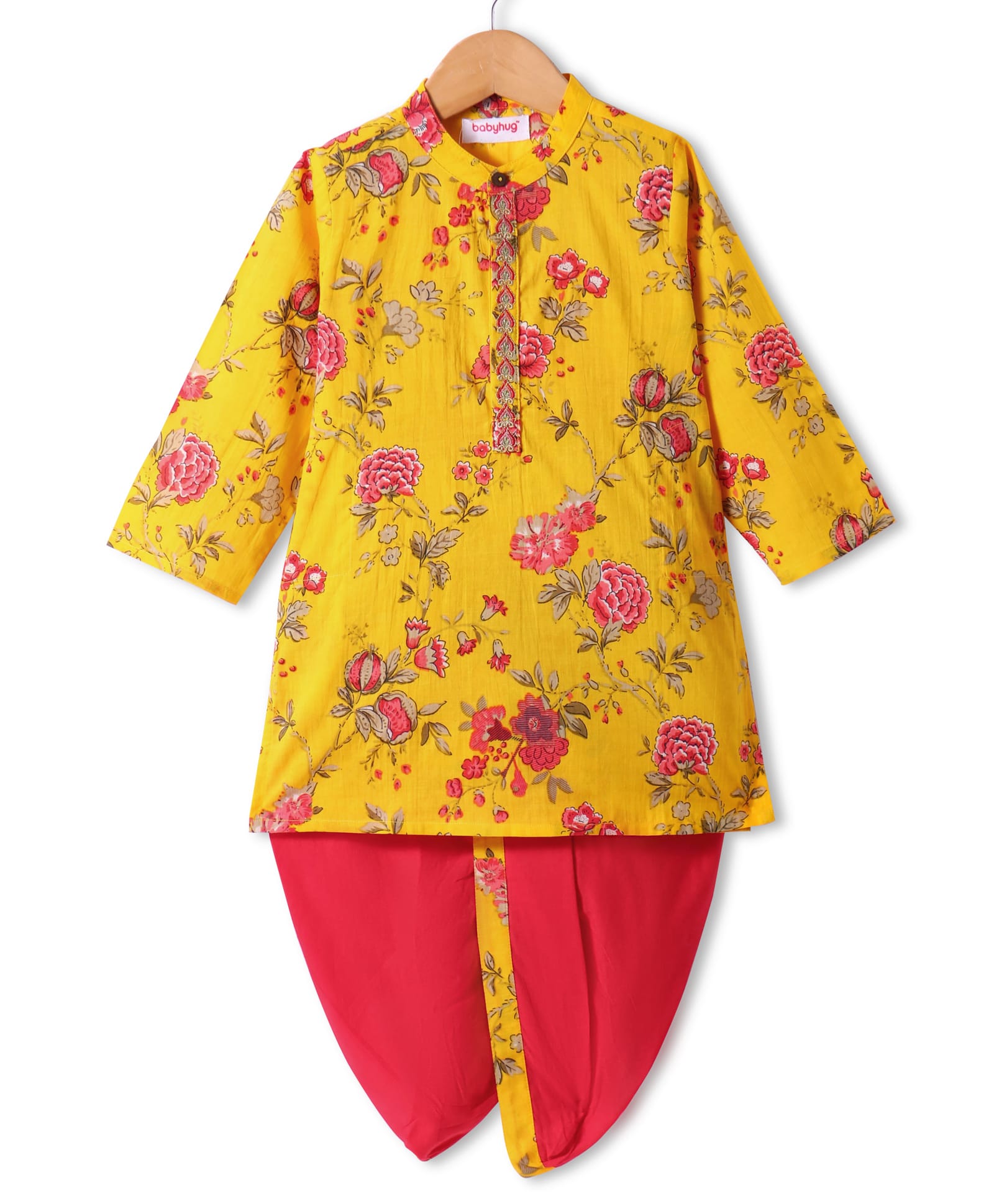 Babyhug Cambric Woven Full Sleeves Kurta Dhoti Set With Floral Print - Yellow-image-34