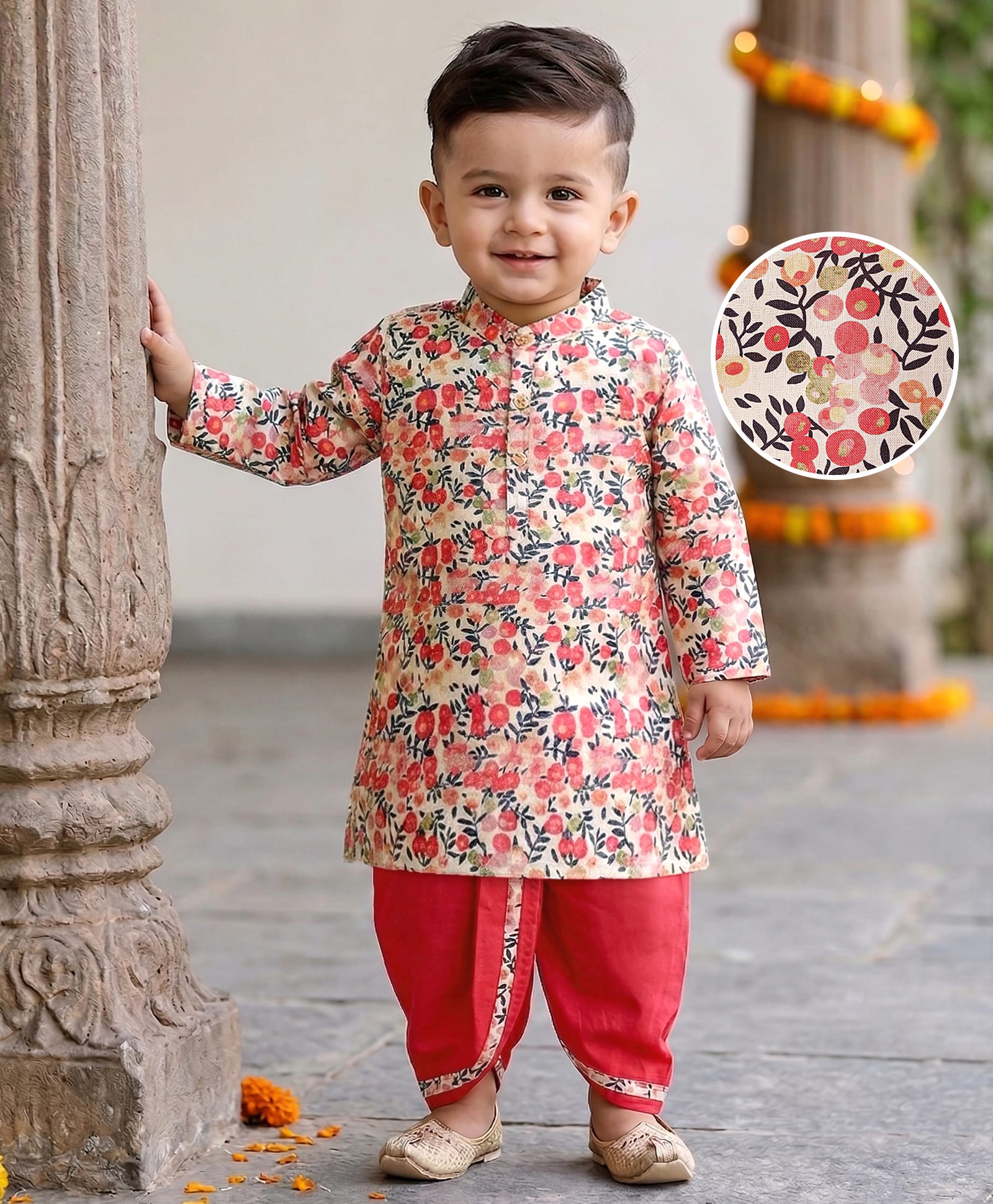 Babyhug Cambric Full Sleeves Kurta Dhoti Set With Floral Print - Beige-image-23