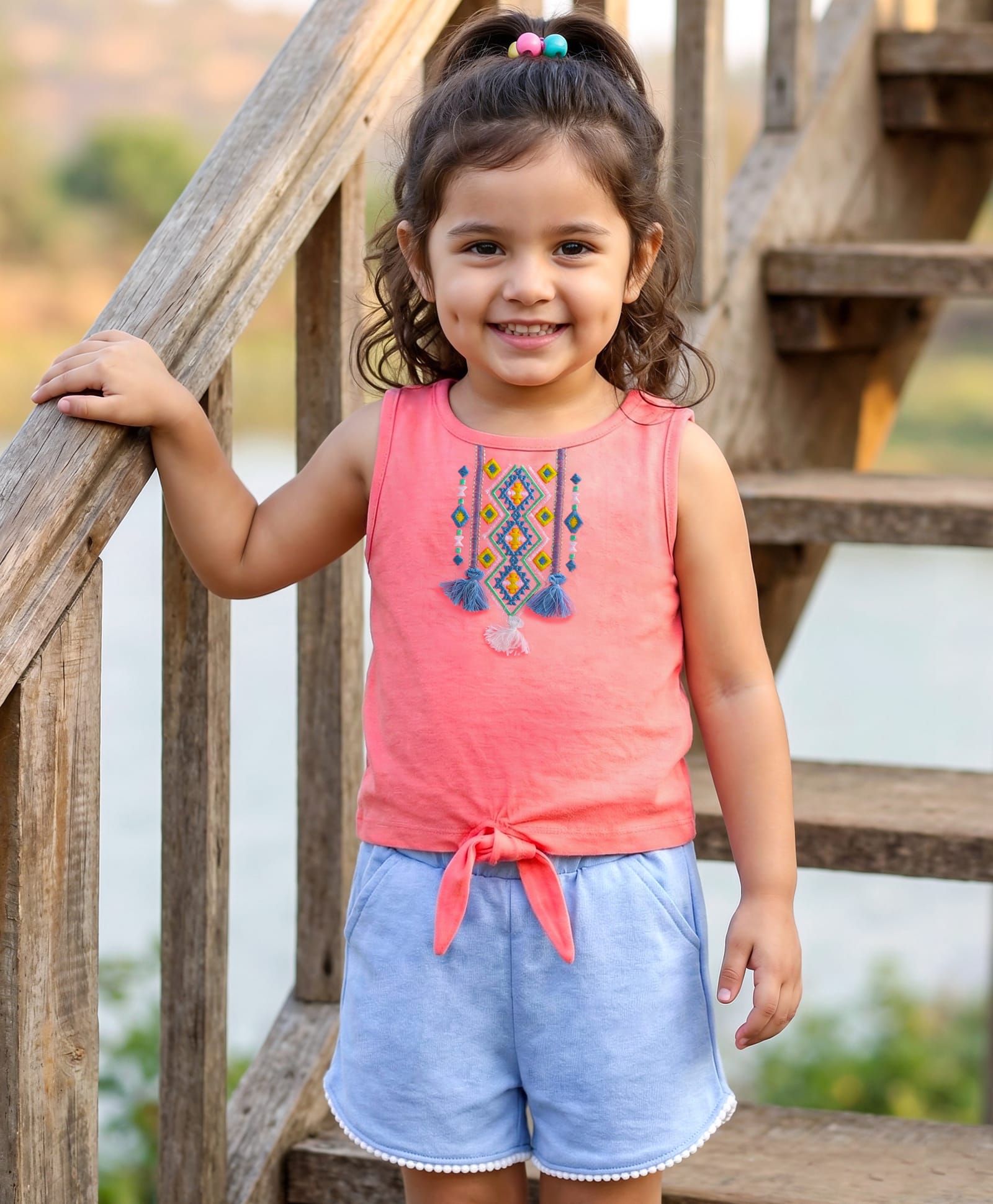 Babyhug Single Jersey Knit Sleeveless Embroidered Top & Shorts Set - Pink & Blue-image-33