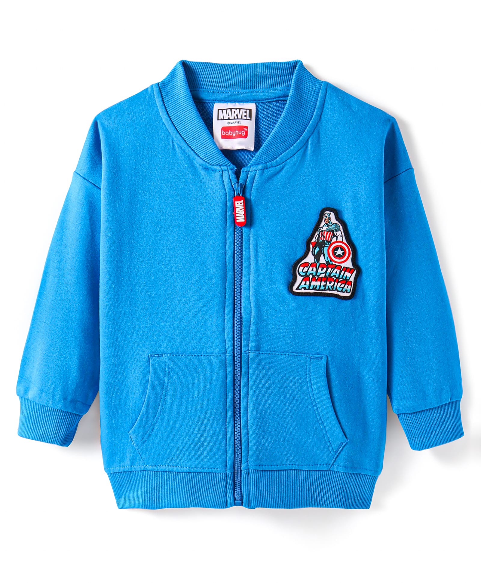 Babyhug Marvel Terry Knit Full Drop ShoulderSleeves Bomber Jacket With Front & Back Avengers Graphics Kangaroo Pockets - Blue-image-38