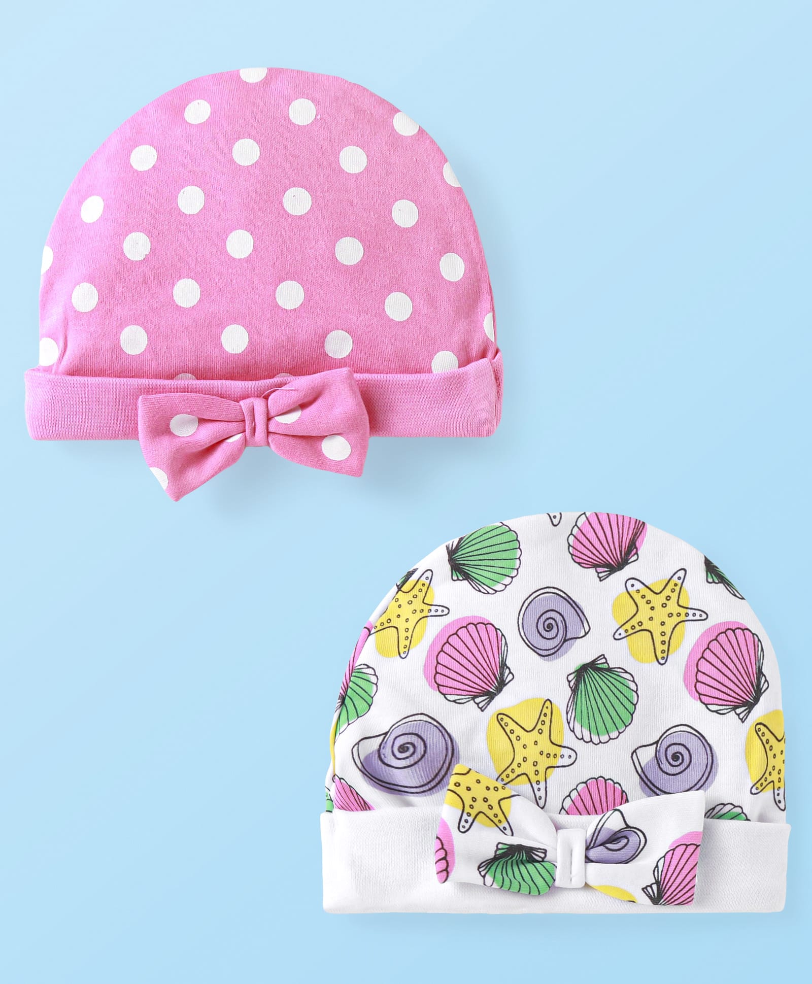 Babyhug 100% Cotton Knit Tie Knot Cap Beach Theme & Polka Dot Print Pack of 2 - Pink & White-picture-25