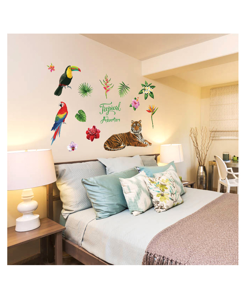 JAAMSO ROYALS Tiger, Parrot and Flower Decorative Self Adhesive Wall Sticker (50 CM X 70 CM)-image-44