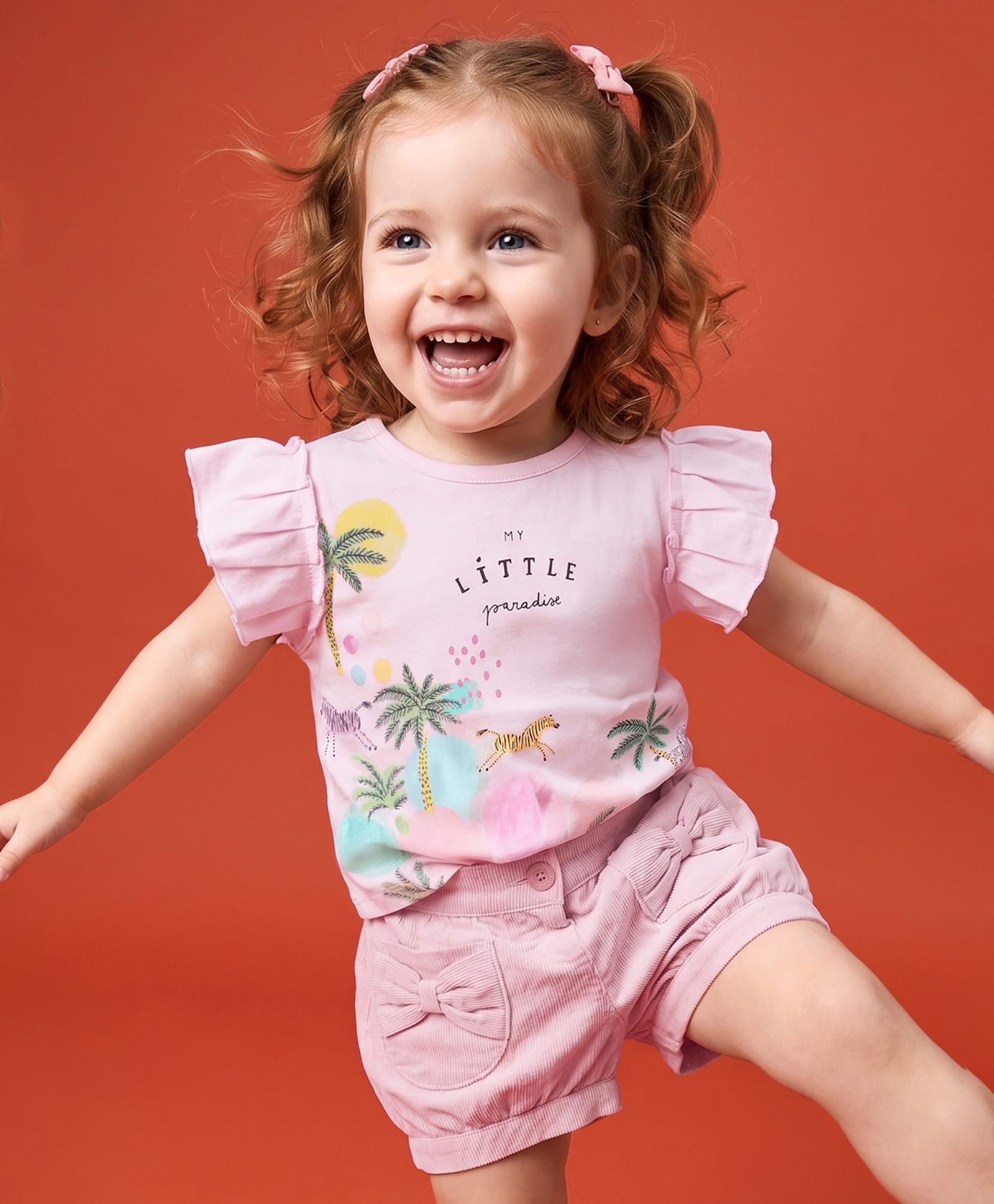 ToffyHouse Cotton Knit Half Frill Sleeves Top & Shorts Set with Bow Applique & Jungle Theme Print - Pink-picture-27