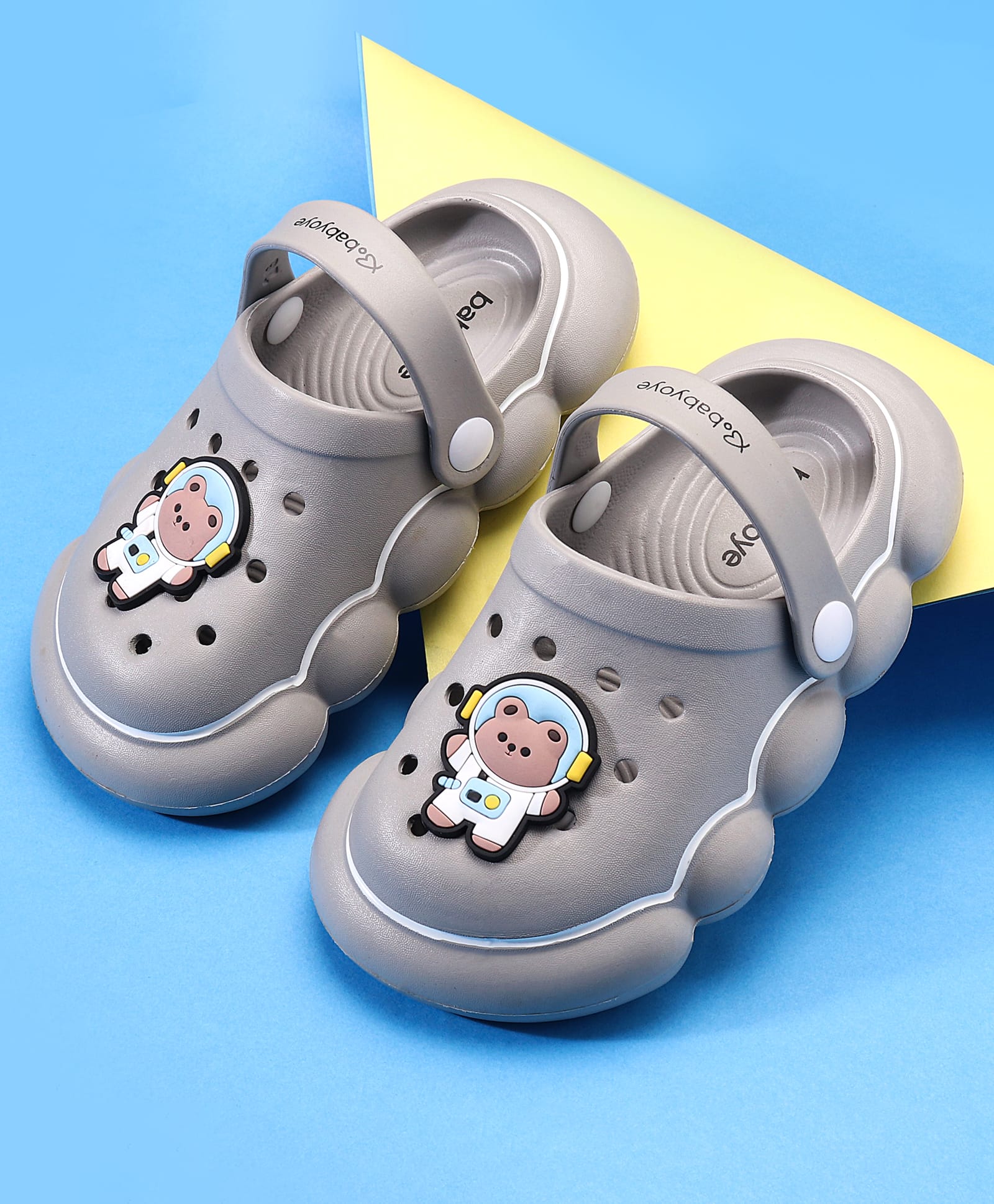 Babyoye Clogs with Back Strap Closure & Bear Applique - Grey-image-38