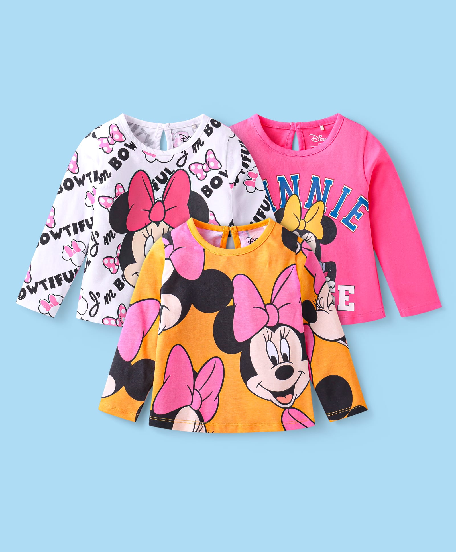 Babyhug Disney Single Jersey Knit Full Sleeves T-Shirts with Minnie Mouse Graphics Pack of 3 - Pink Yellow & White-picture-13