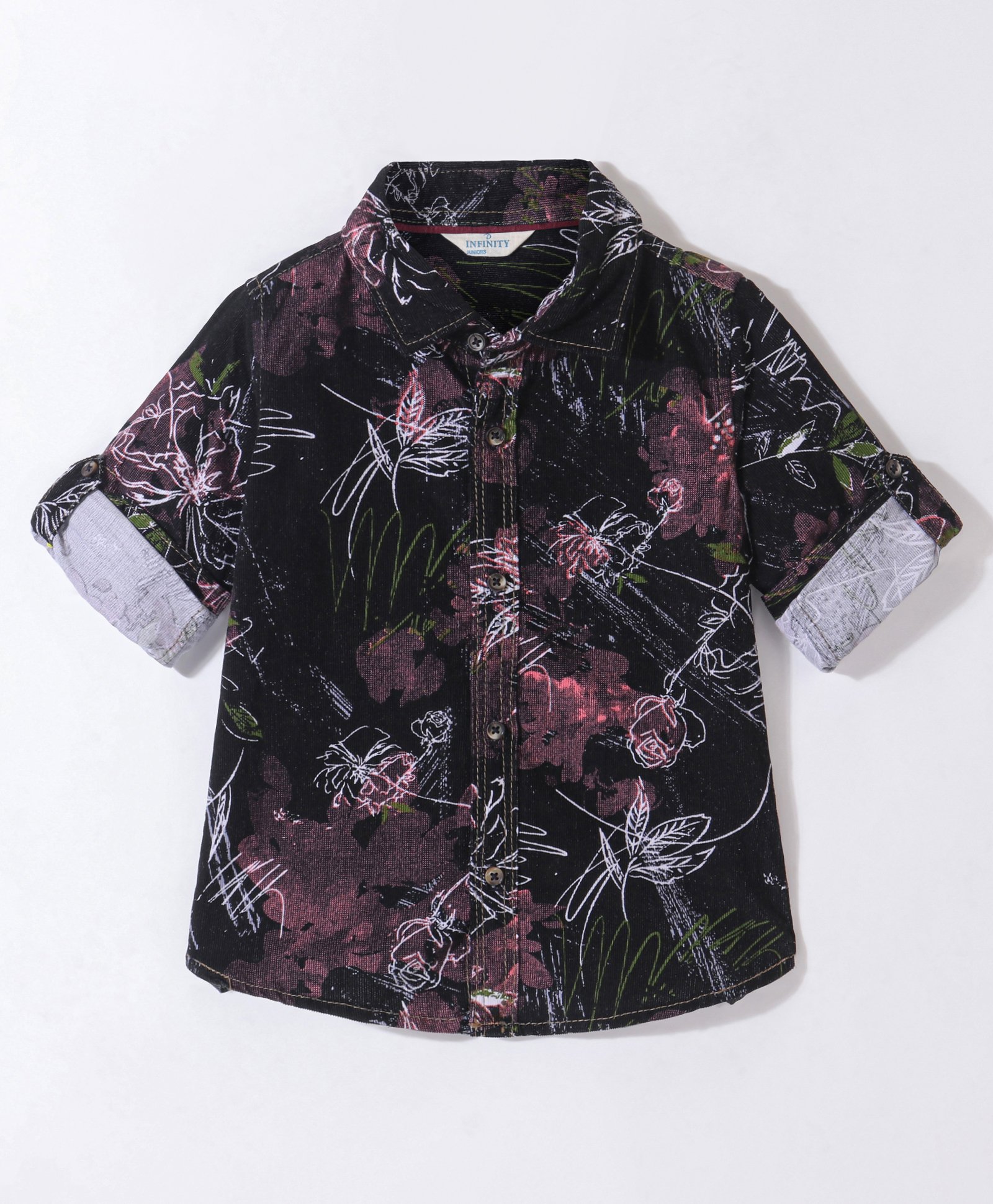 INFINITY Corduroy Cotton Full Sleeves Floral Printed Shirt - Black-picture-16