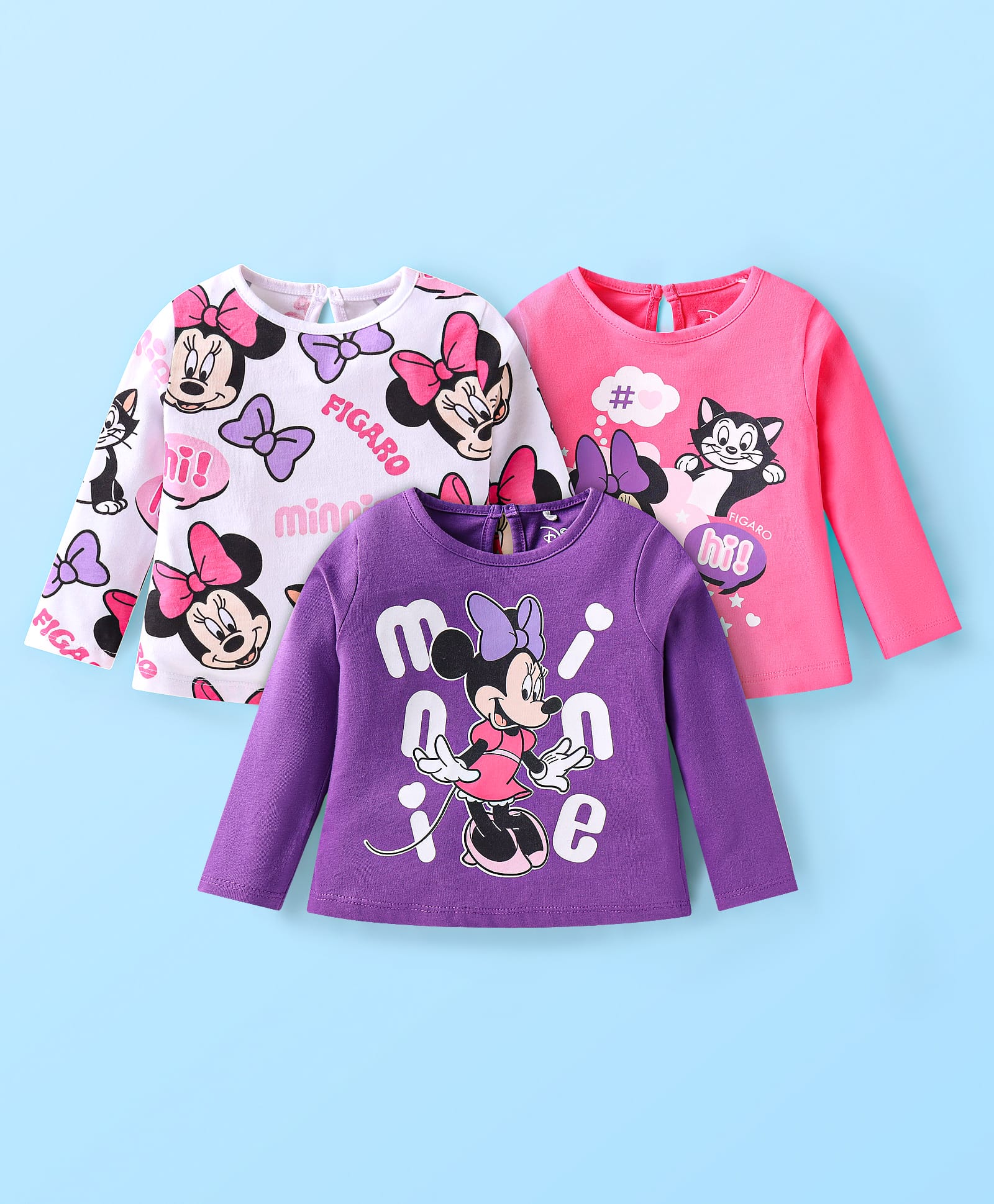 Babyhug Disney Single Jersey Knit Full Sleeves T-Shirts with Minnie Mouse Graphics Pack of 3 - White Purple & Pink-image-8
