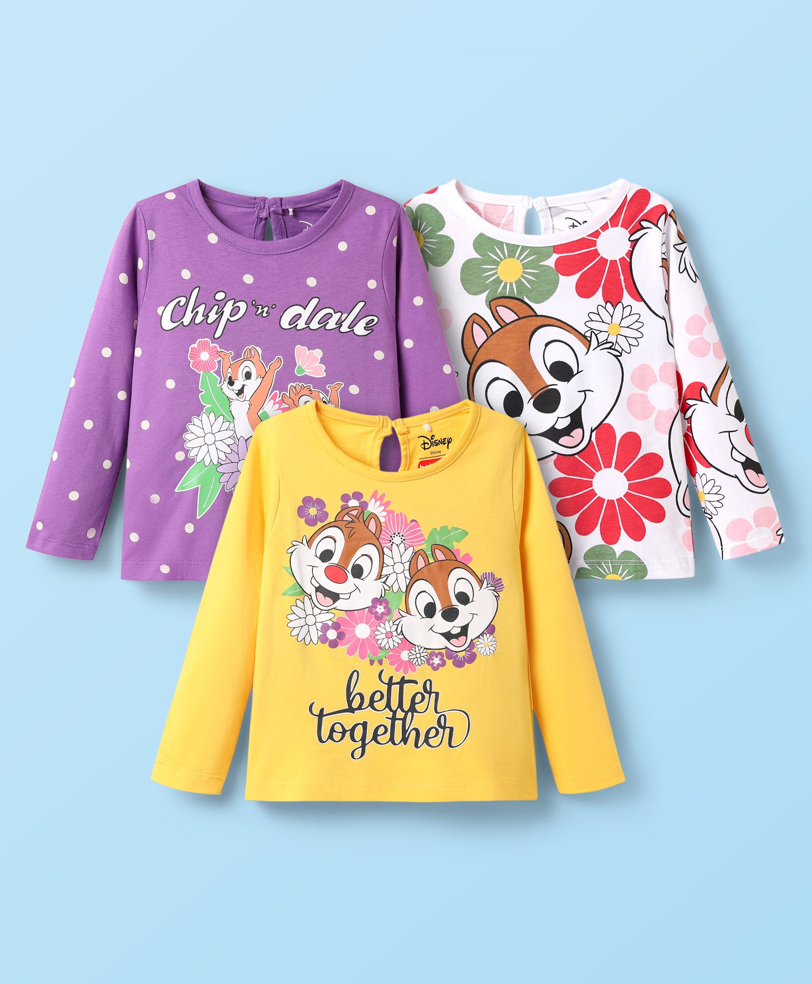 Babyhug Disney Single Jersey Knit Full Sleeves T-Shirts with Chip & Dale Graphics Pack of 3 - Yellow White & Purple-picture-27