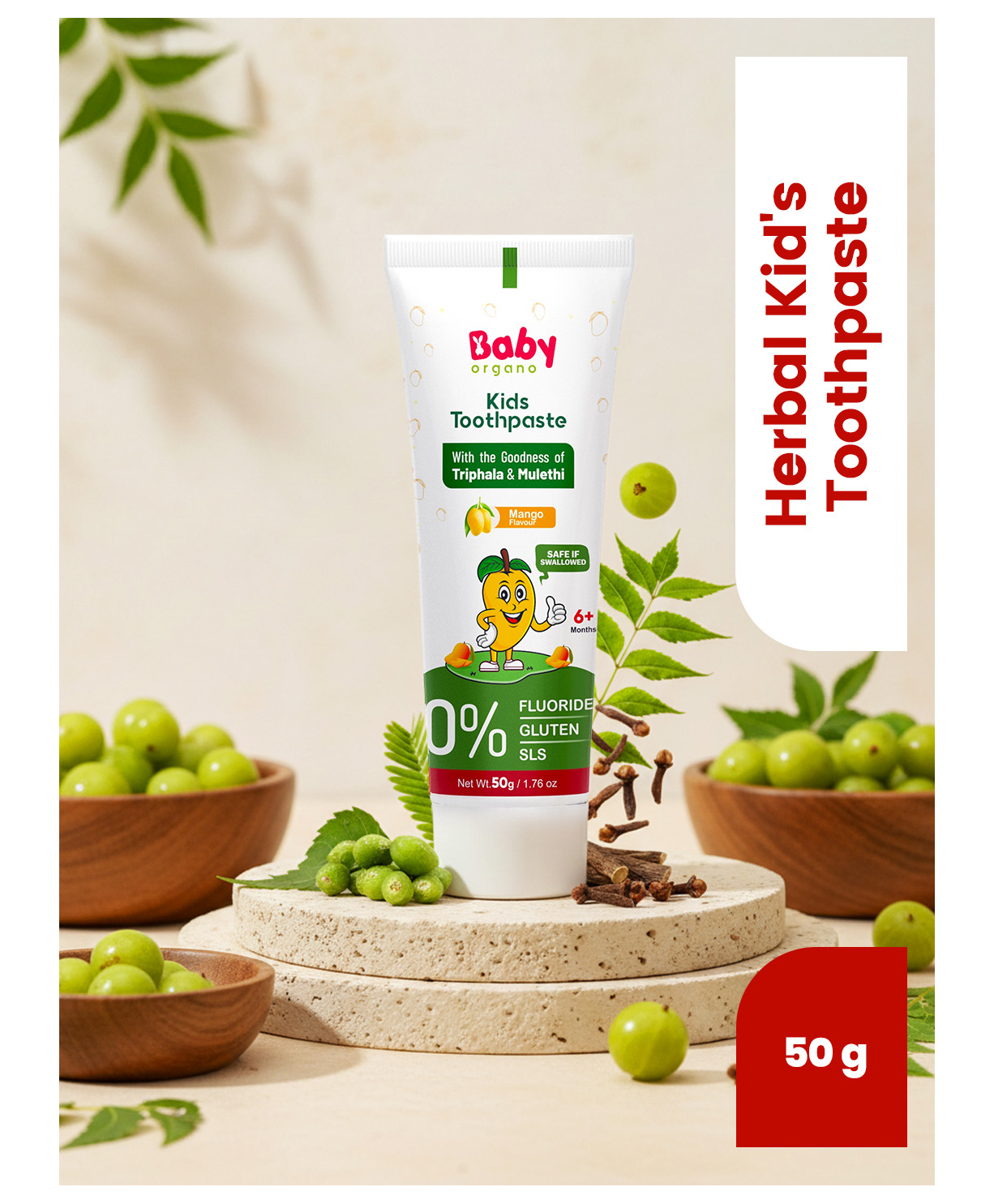 BabyOrgano Herbal Kids Toothpaste | 100% Ayurvedic | Non-Gel | Fluoride-Free with Mulethi & Clove | Mango Flavor for Strong Gums - 50 g-image-37