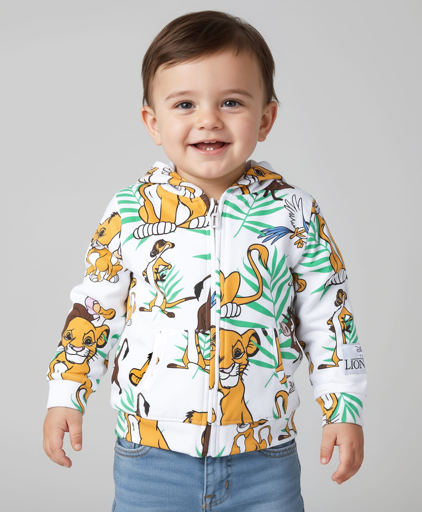 Babyhug Disney Terry Knit Full Sleeves Hooded Sweatjacket With Simba & Friends Print Kangaroo Pockets - White-picture-21