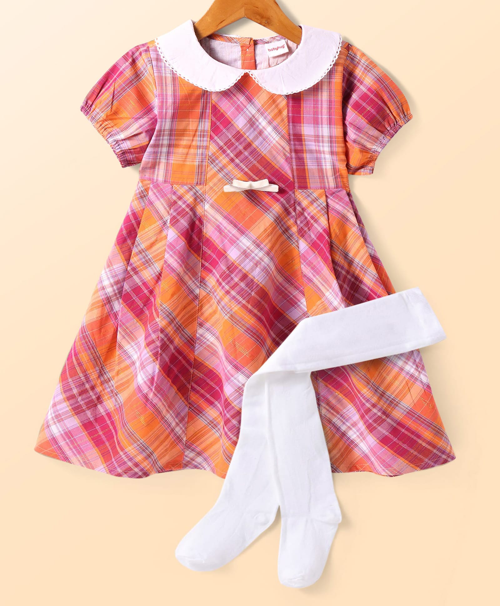 Babyhug Cotton Woven Half Sleeves Checkered Frock With Peter Pan Collar & Stockings - Dark Pink-picture-24
