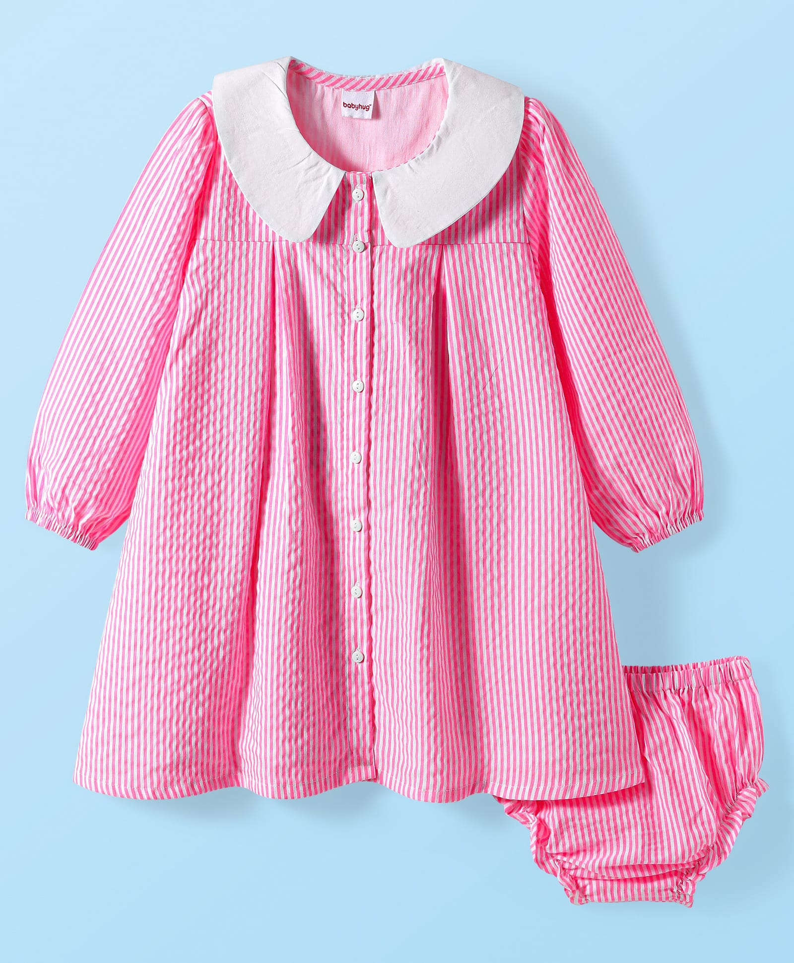 babyhug Babyhg Cotton Woven Full Sleeves Striped Frock With Peter Pan Collar & Bloomer - Pink-picture-35