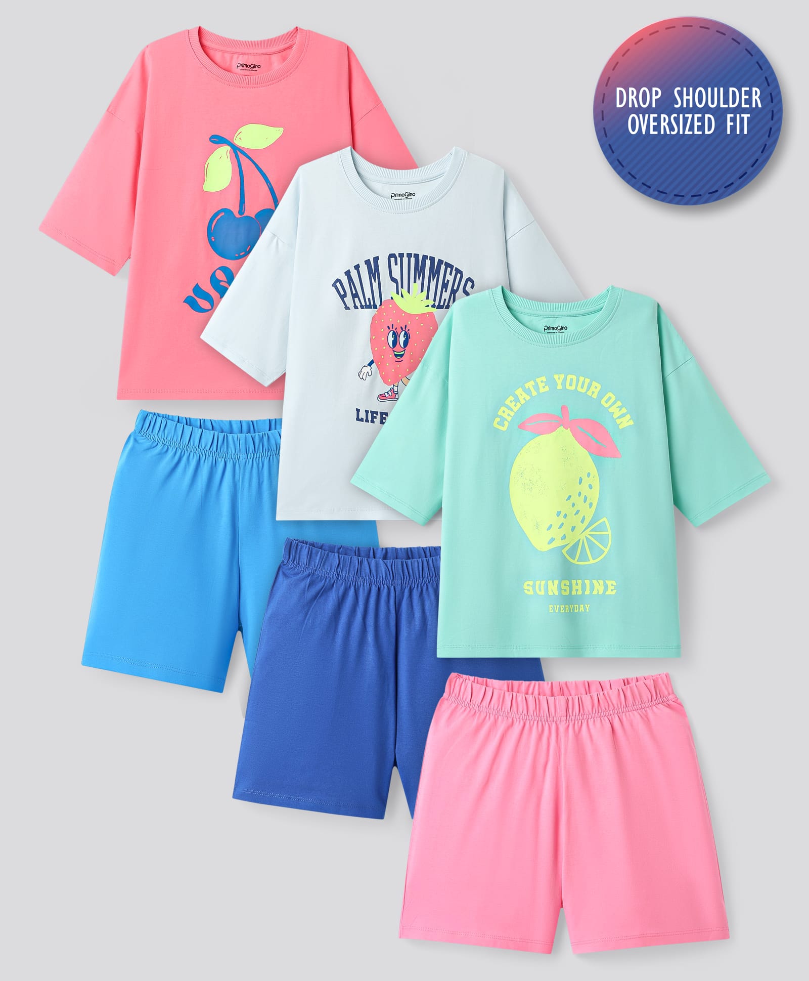 Primo Gino Cotton Knit Half Sleeves Shorts Night Suits with Fruits & Text Print Pack of 3 - Pink Blue & Mint-image-36