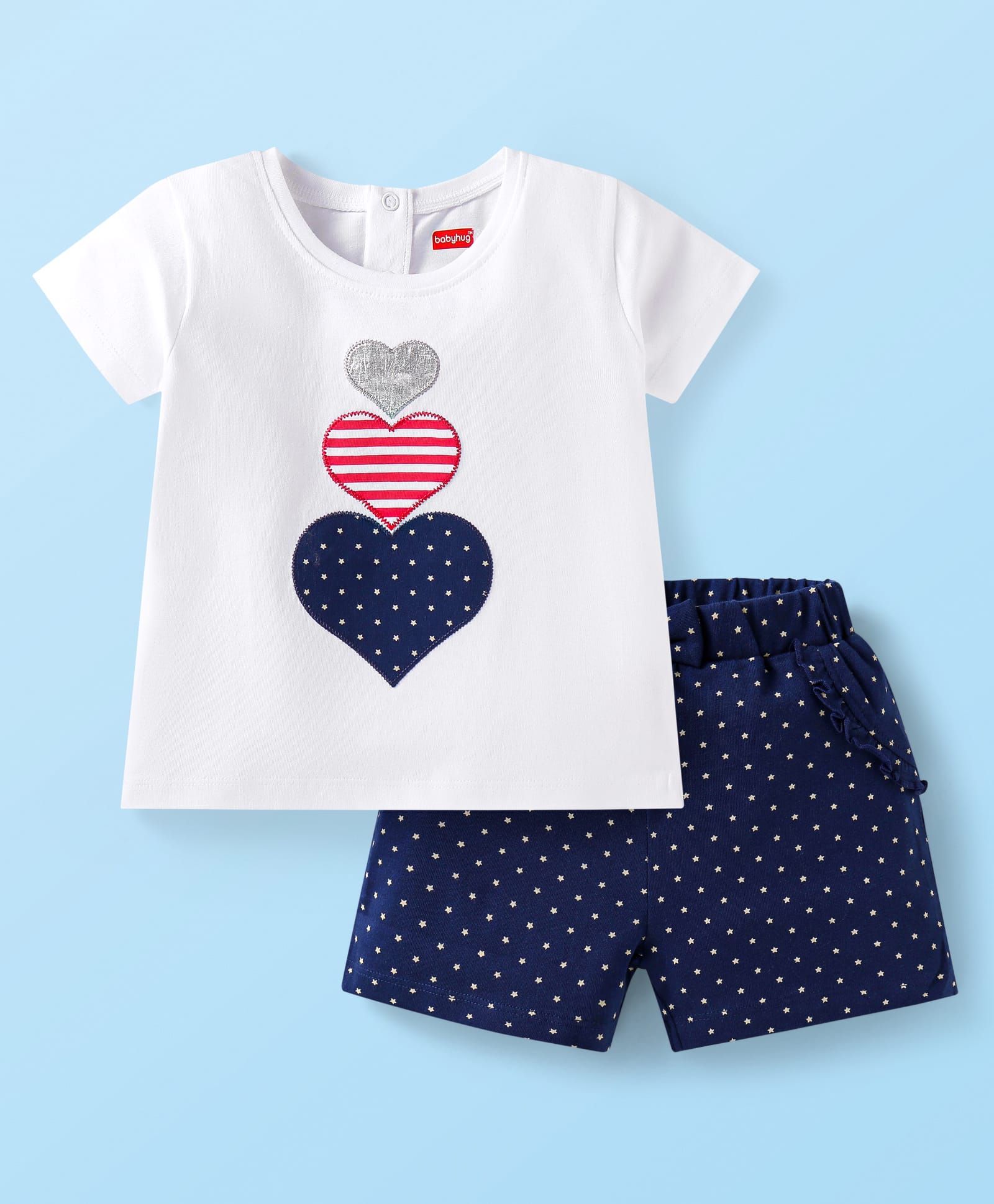 Babyhug Single Jersey Knit Half Puffed Sleeves with Heart Embroidery & Star Printed Top & Shorts Set - White & Navy-image-32