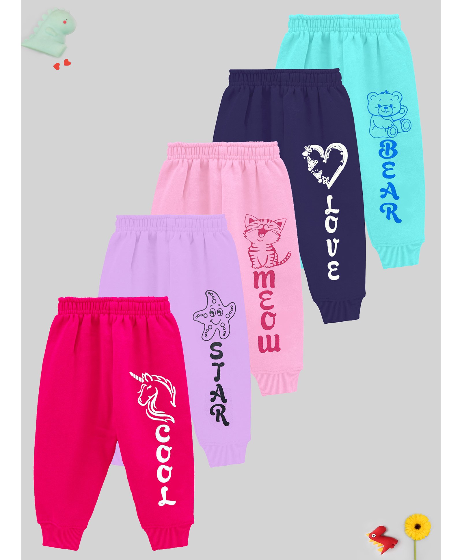 KUCHIPOO Pack Of 5 Animals & Heart  Printed Track Pants  - Pink Purple & Blue-picture-39
