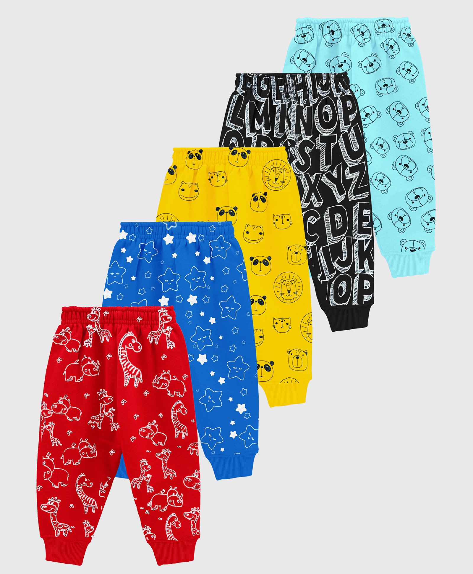 KUCHIPOO Pack Of 5 Animals & StarsPrinted Track Pants - Red Blue Black & Yellow-picture-15