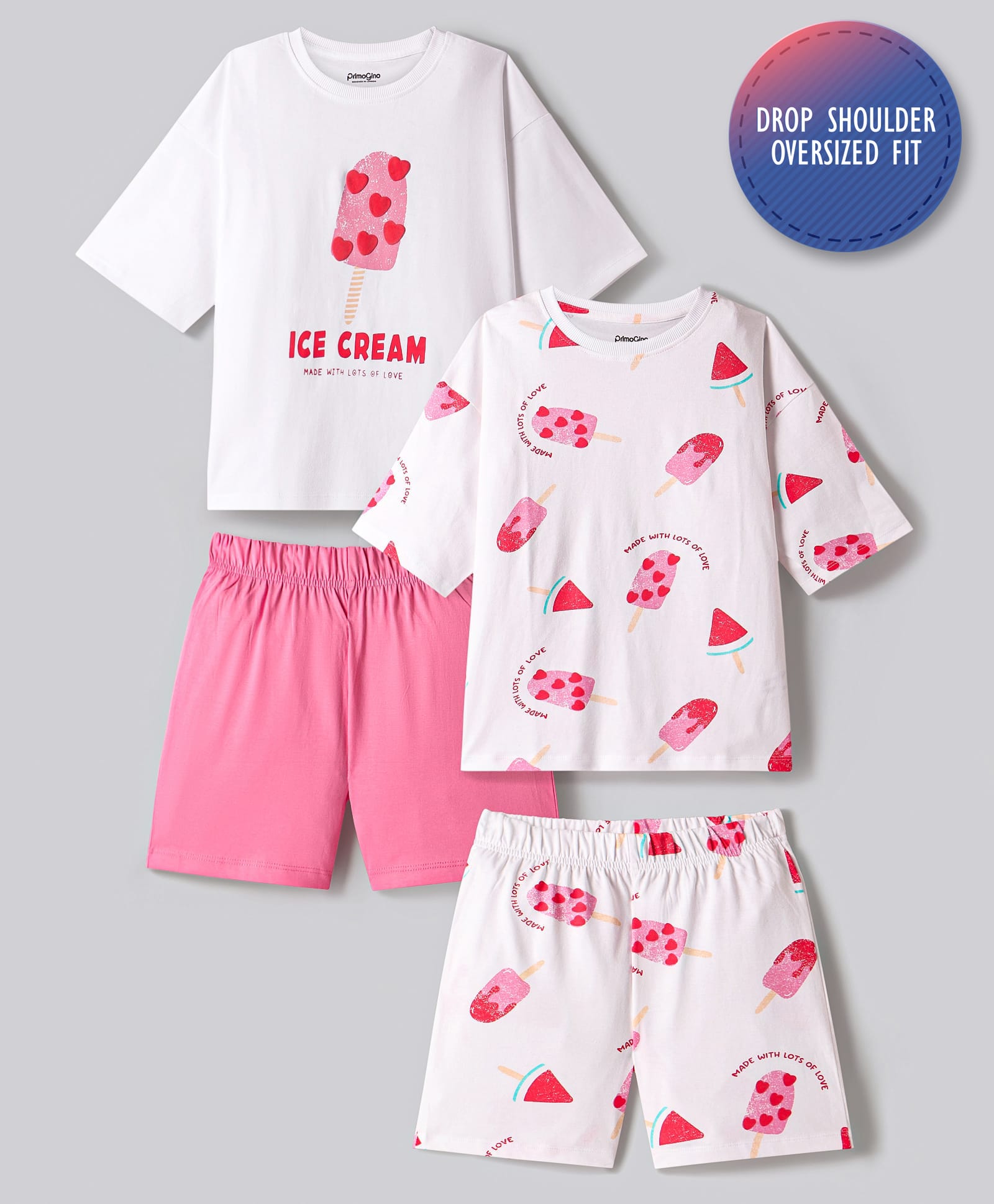 Primo Gino 100% Cotton Knit Half Sleeves Shorts Night Suits With Ice Cream Print Pack of 2 - White & Pink-image-43