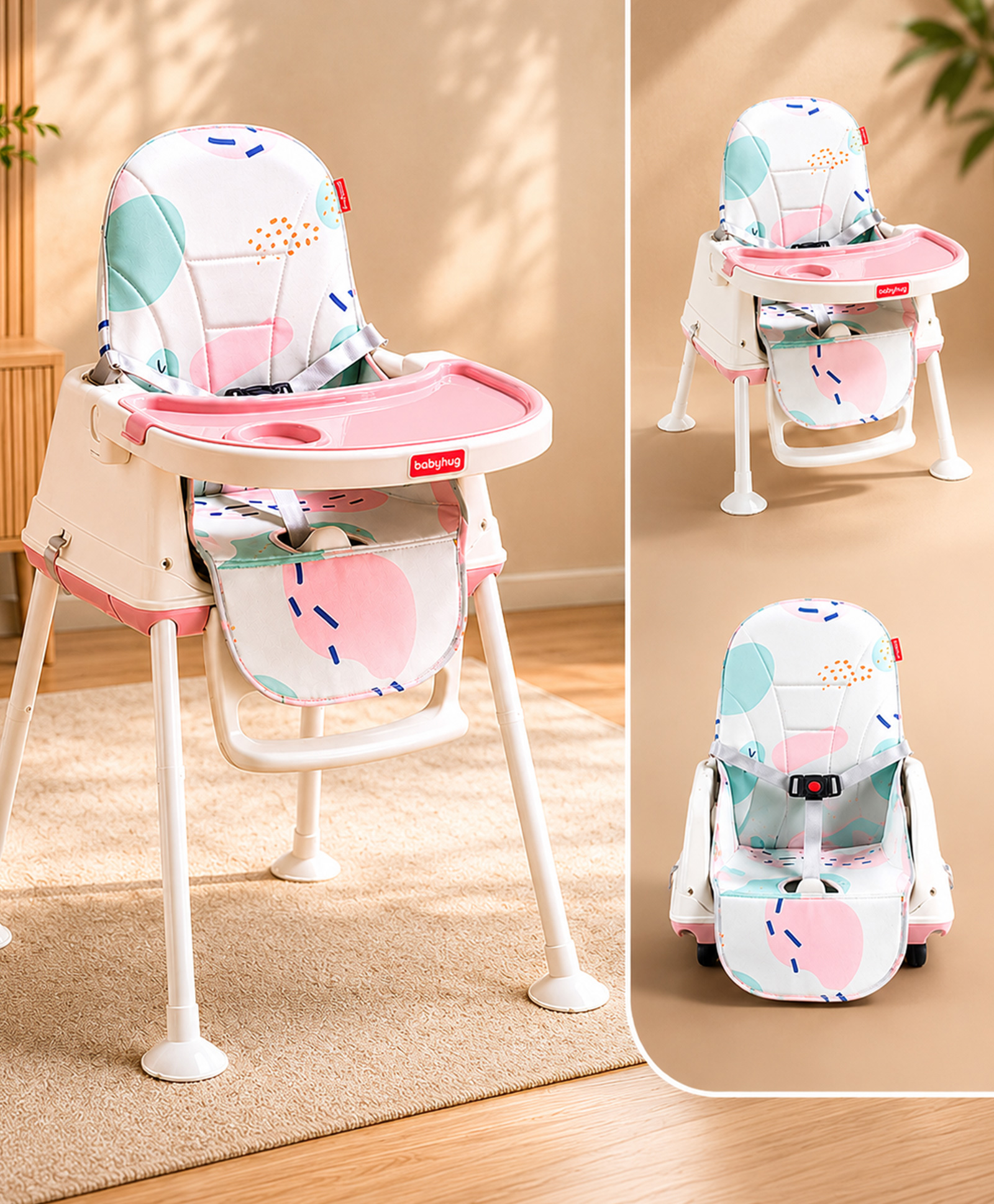 Babyhug Comfy 3 in 1 High Chair with Printed Cushion-Pink-image-14