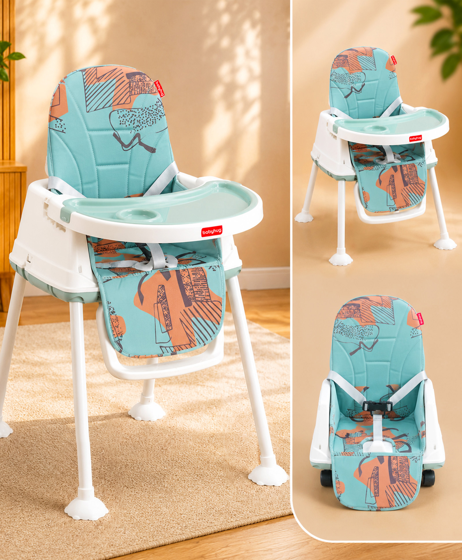 Babyhug Comfy 3 in 1 High Chair with Printed Cushion-Green-image-12