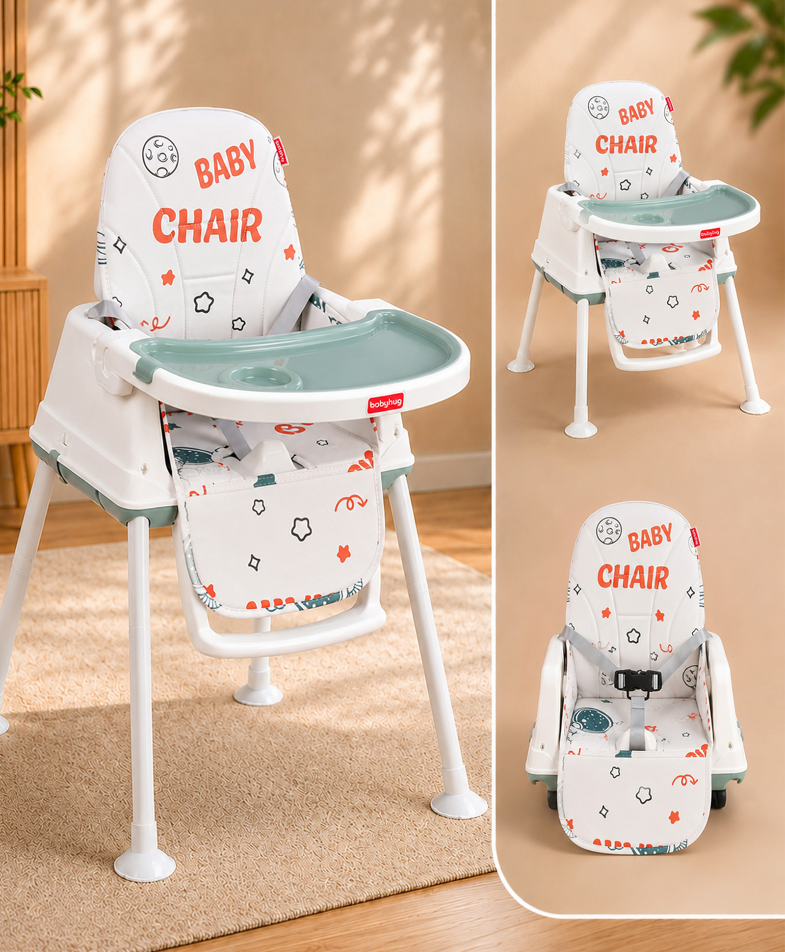 Babyhug Comfy High Chair with Printed Cushion-White-image-13
