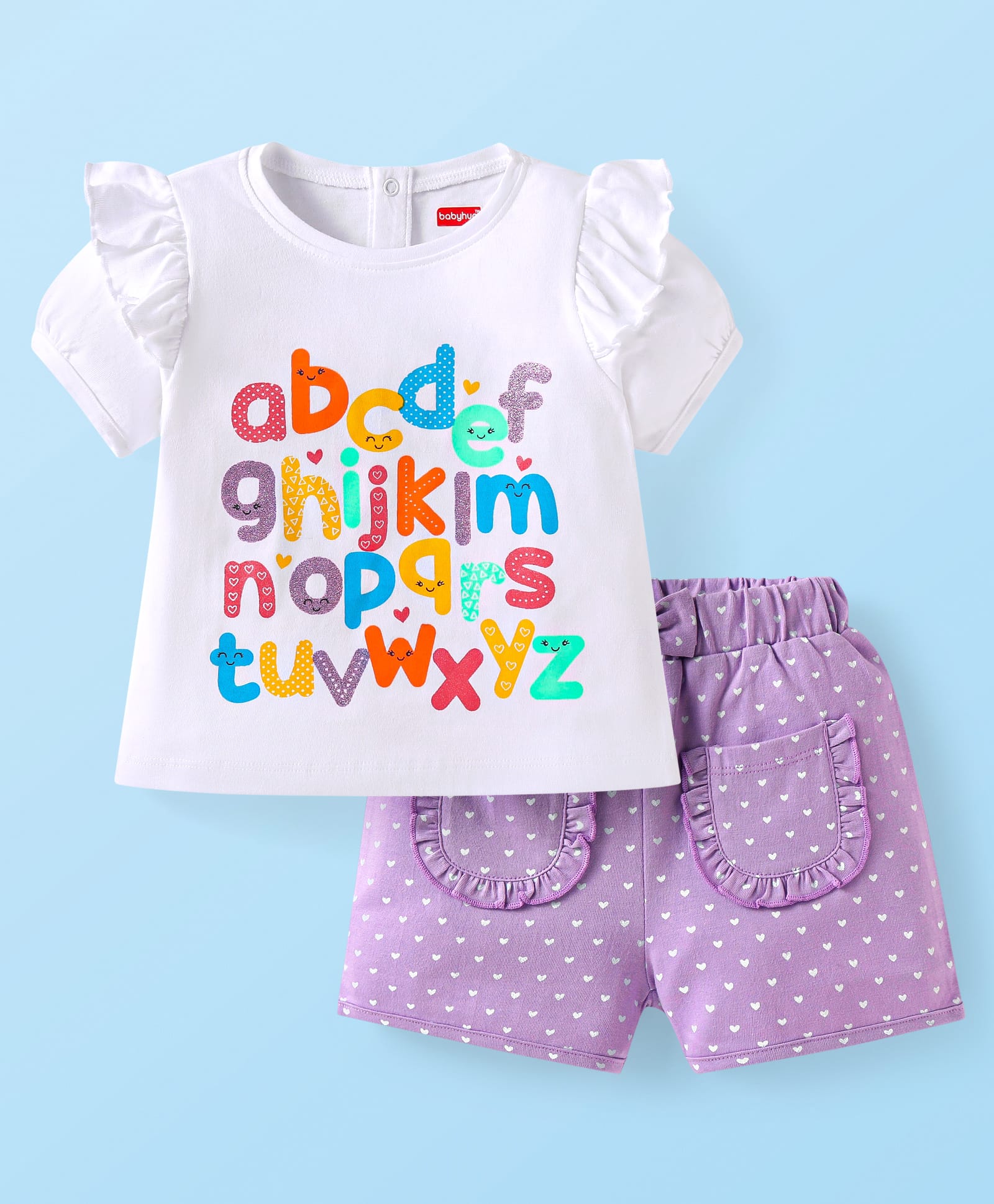 Babyhug Single Jersey Knit Half Puffed Sleeves with Polka Dots & Text Printed Top & Shorts Set - White & Purple-picture-15
