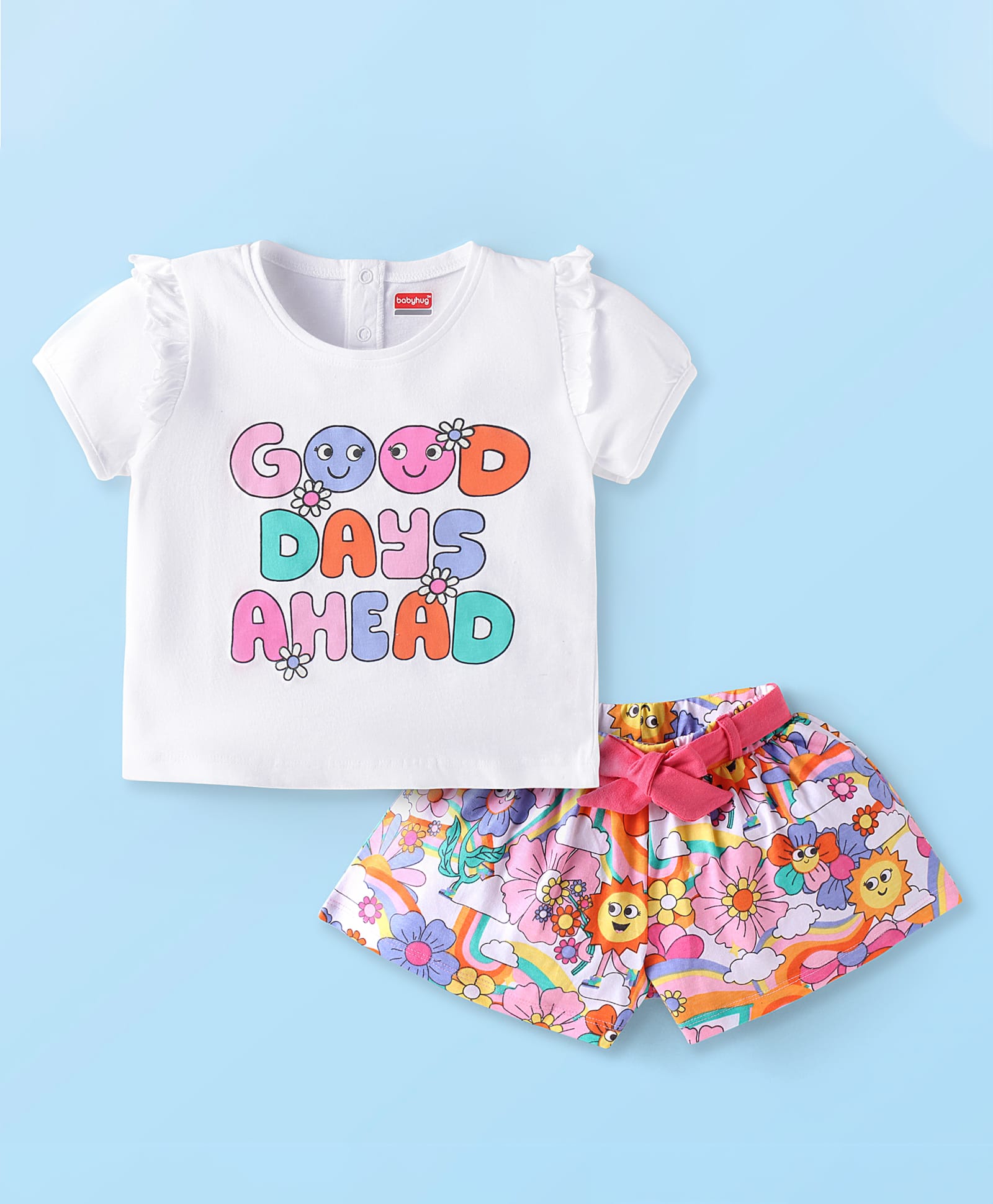 Babyhug Single Jersey Knit Half Sleeves Text Printed Top & Shorts Set - White & Pink-picture-21