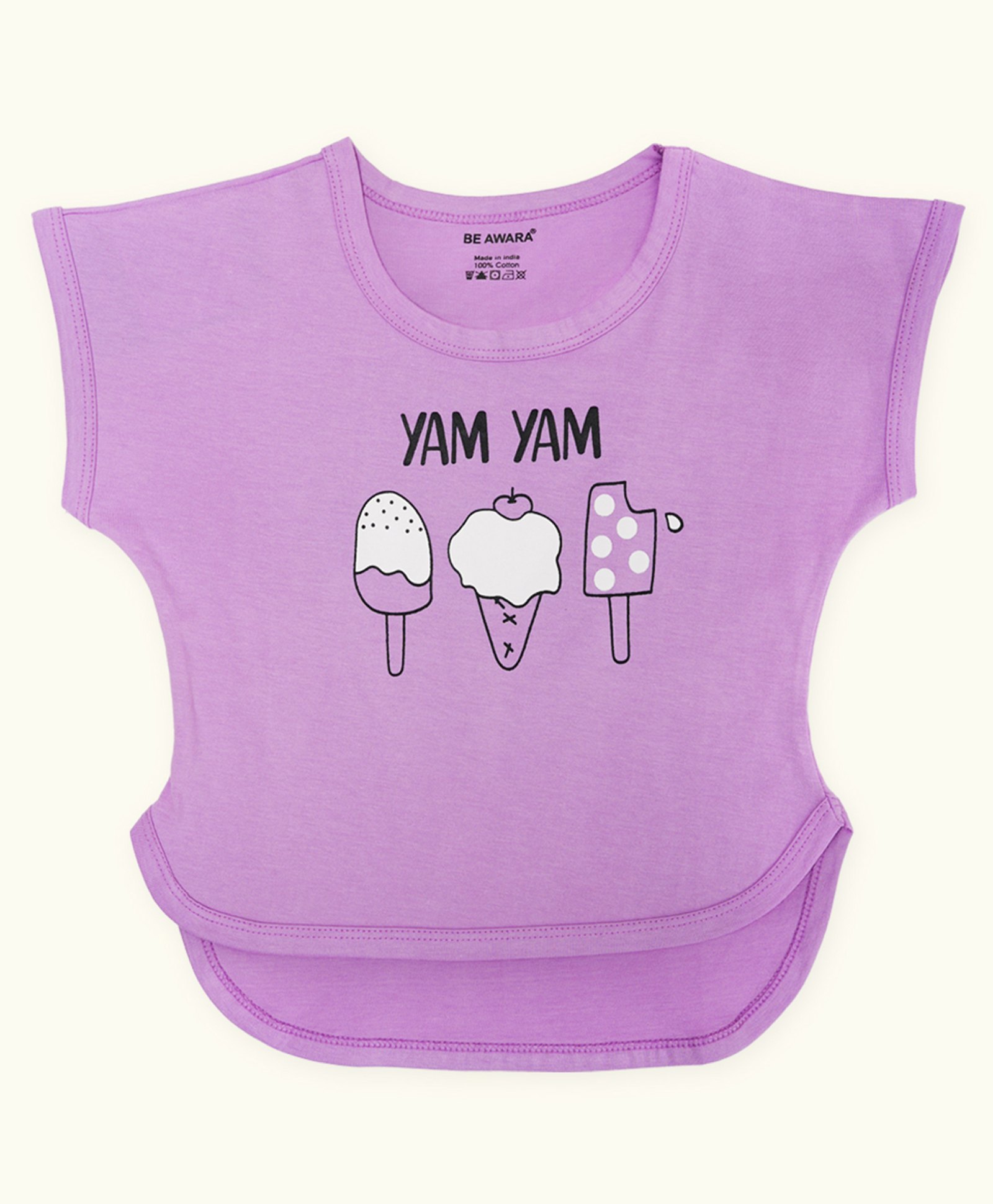 Be Awara Cotton Half Sleeves Yam Yam Text & Ice Cream Printed Tee - Purple-picture-33