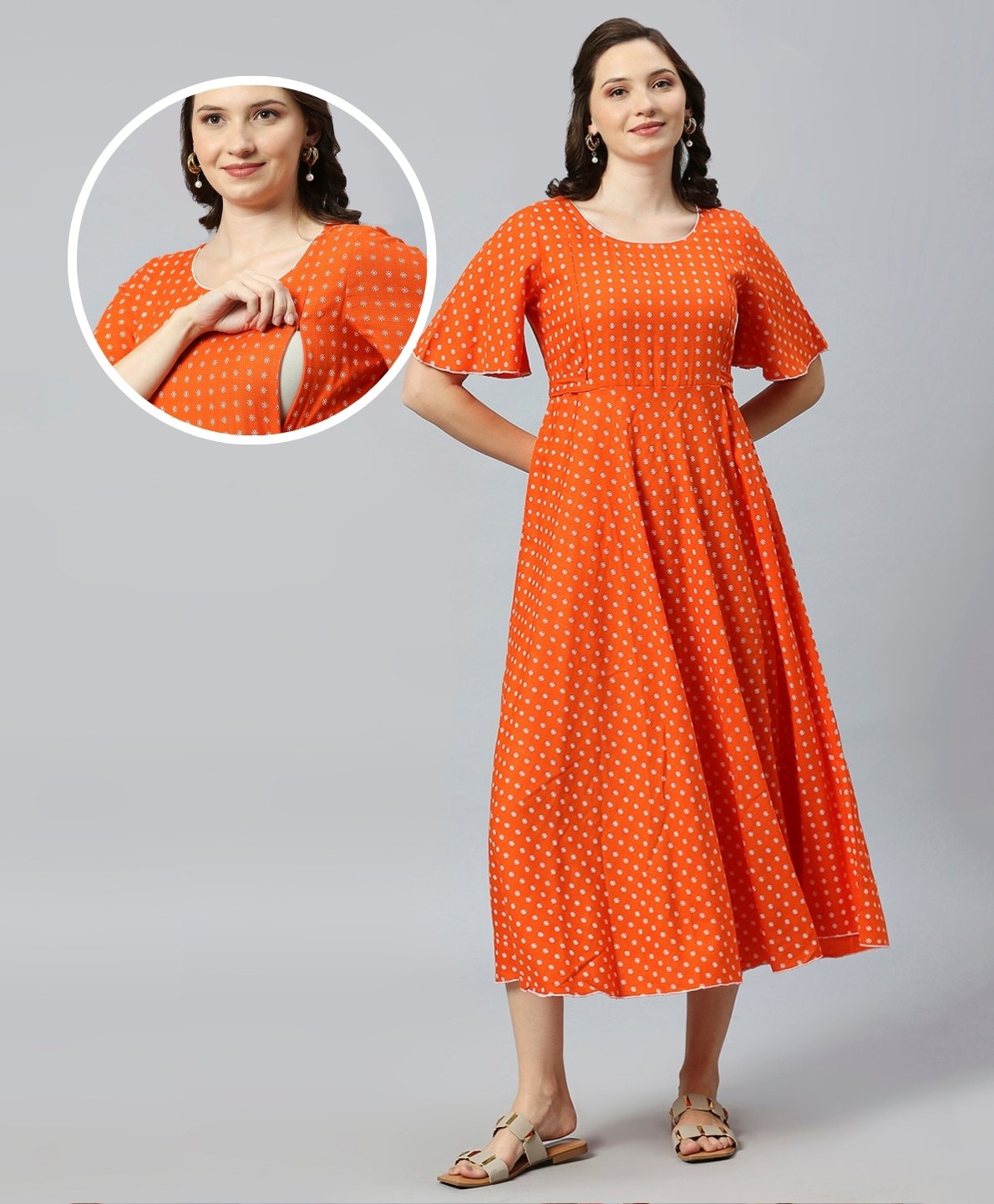 Dummy Shape Half Bell Sleeves Ethnic Motif Printed Flared Maternity Kurta With Concealed Zipper Nursing Access - Orange-image-47