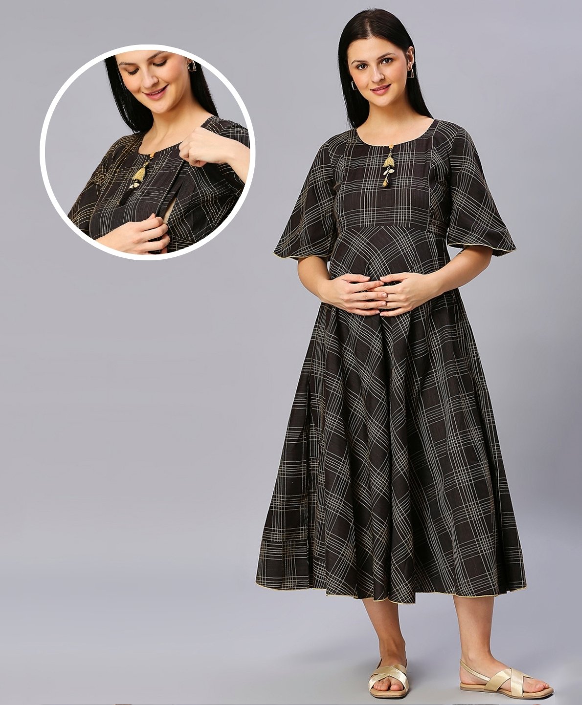 Dummy Shape Half Bell Sleeves Checked & Flared Maternity Kurta With Concealed Zipper Nursing Access - Dark Brown-image-5