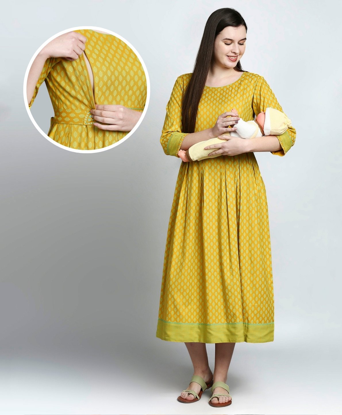 Dummy Shape Three Fourth Sleeves Ethnic Motifs Printed Maternity Flared Kurta With Attached Embroidered Belt & Concealed Zipper Nursing Access - Light Green-image-48