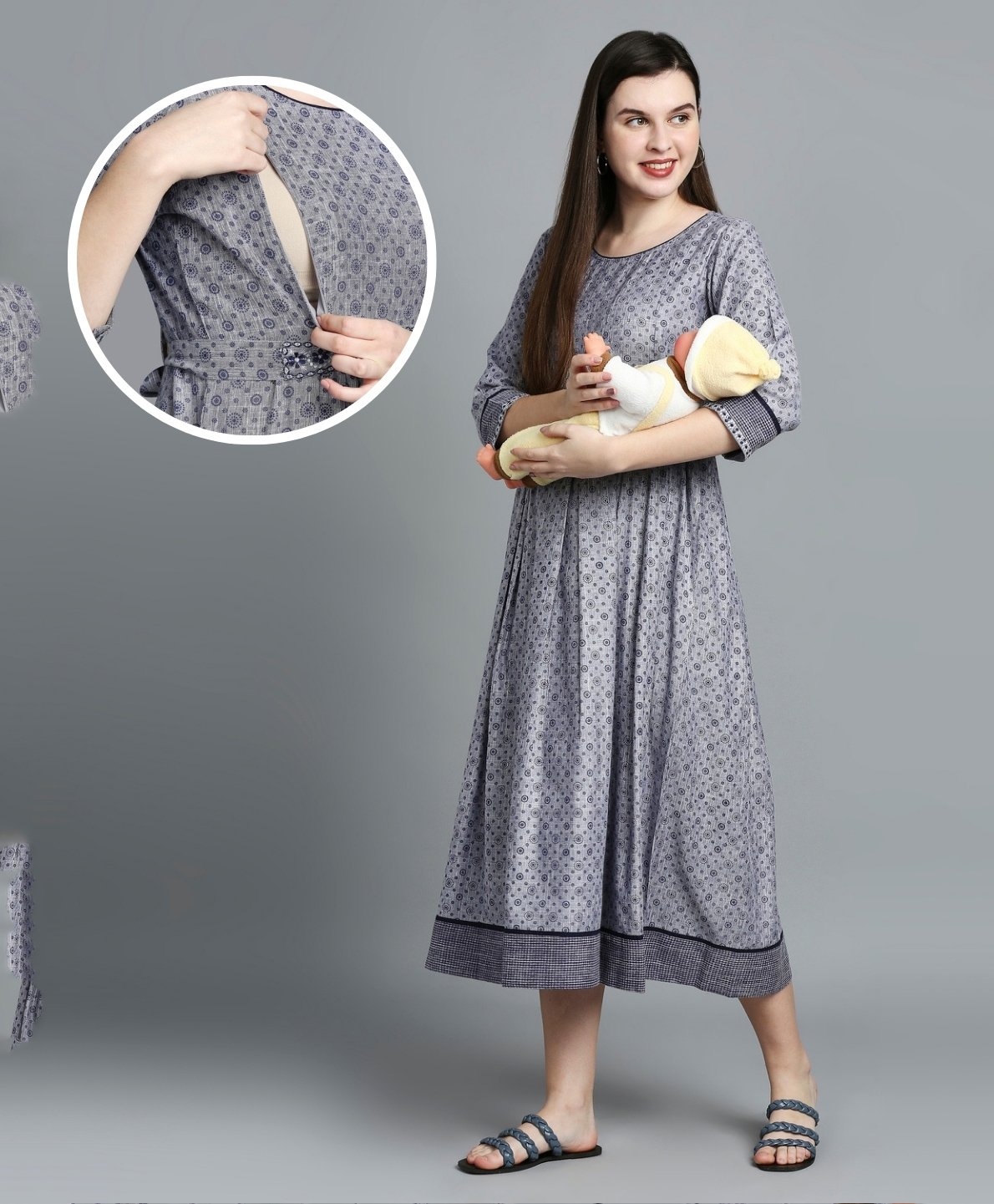 Dummy Shape Three Fourth Sleeves Abstract Printed Maternity Flared Kurta With Attached Floral Embroidered Belt & Concealed Zipper Nursing Access - Grey-image-25