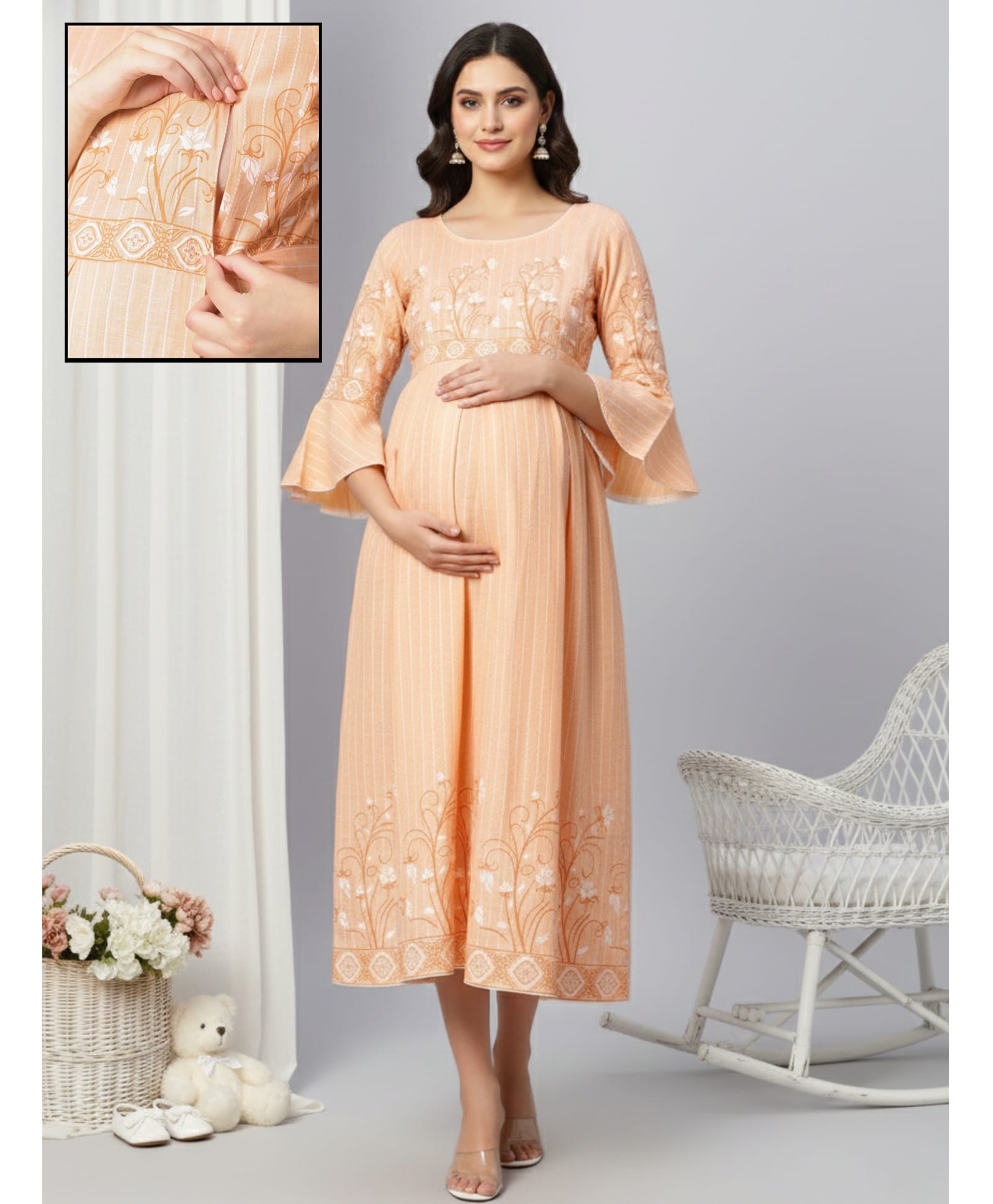 Dummy Shape Three Fourth Sleeves Floral Printed Maternity Flared Kurta With Attached Belt & Concealed Zipper Nursing Access - Light Orange-image-2