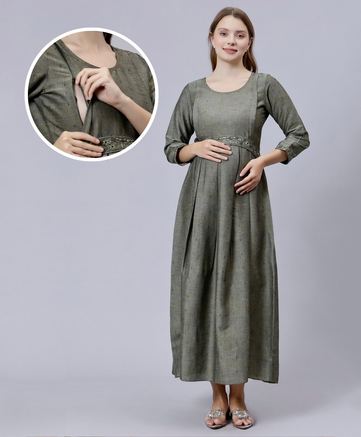 dummy shape three fourth sleeves abstract printed maternity flared kurta with attached floral embroidered belt & concealed zipper nursing access - grey