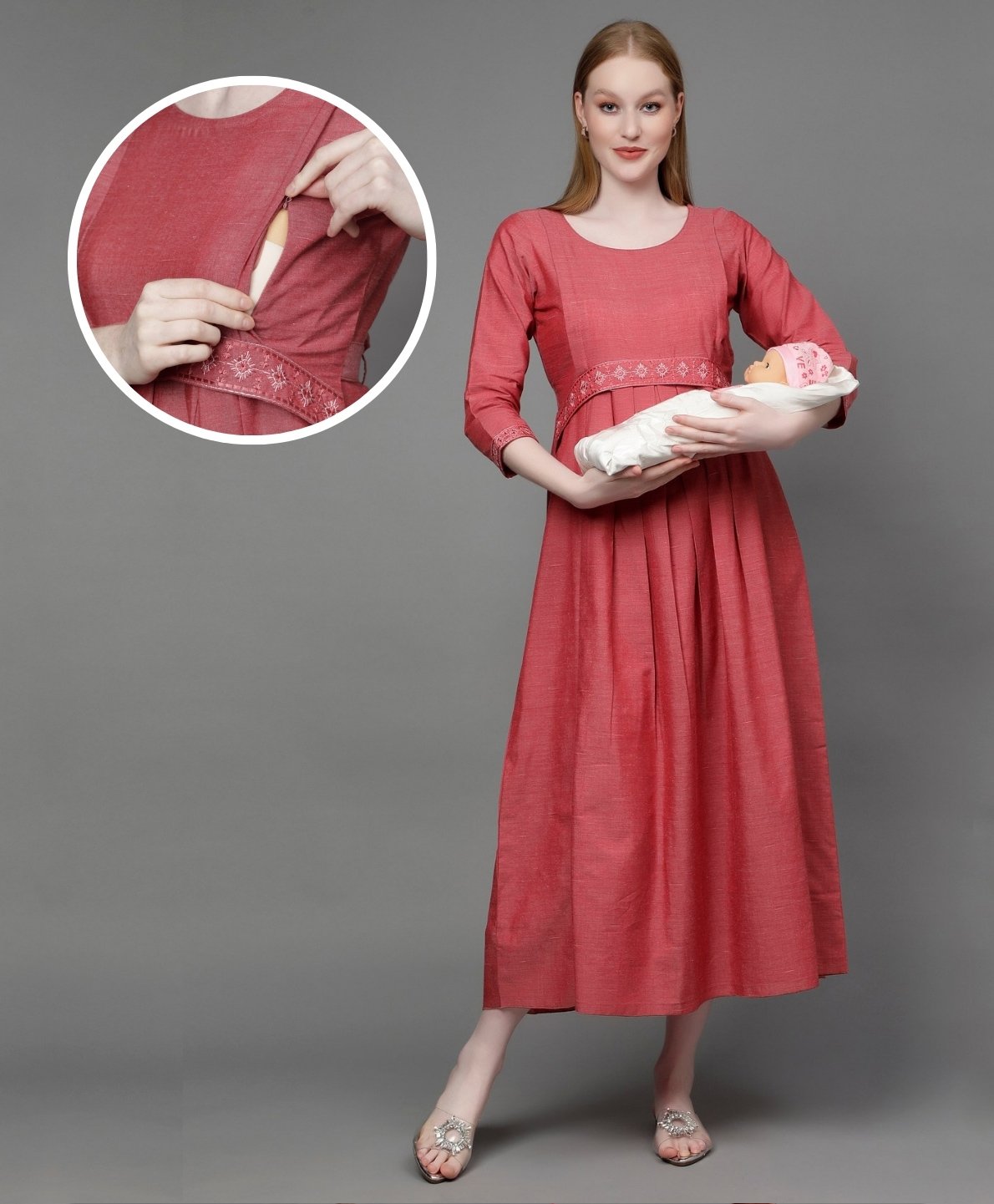 Dummy Shape Three Fourth Sleeves Maternity Flared Kurta With Nursing Access & Abstract Embroidered Attached Belt - Red-image-21