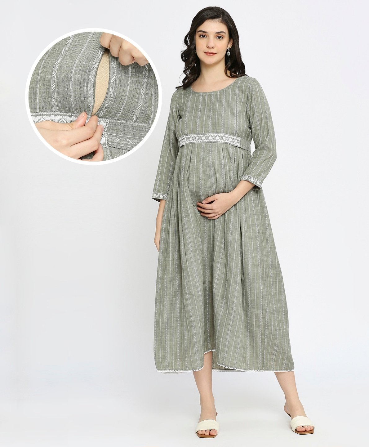 Dummy Shape Three Fourth Sleeves Striped Maternity Flared Kurta With Nursing Access & Abstract Embroidered Attached Belt - Green-image-3