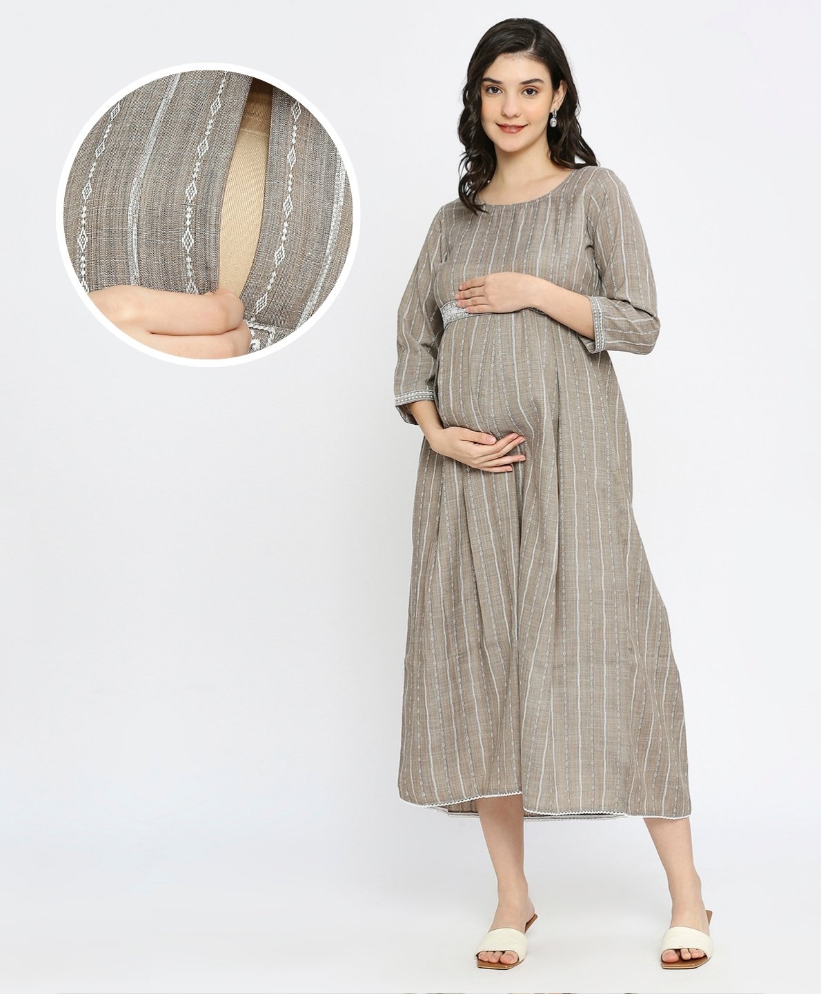 Dummy Shape Three Fourth Sleeves Striped Maternity Flared Kurta With Nursing Access & Abstract Embroidered Attached Belt - Brown-image-24