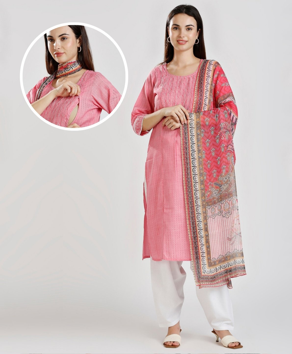 Dummy Shape Three Fourth Sleeves Abstract Embroidered Maternity Kurta With Concealed Zipper Nursing Access & Patiala Dupatta Set - Baby Pink
