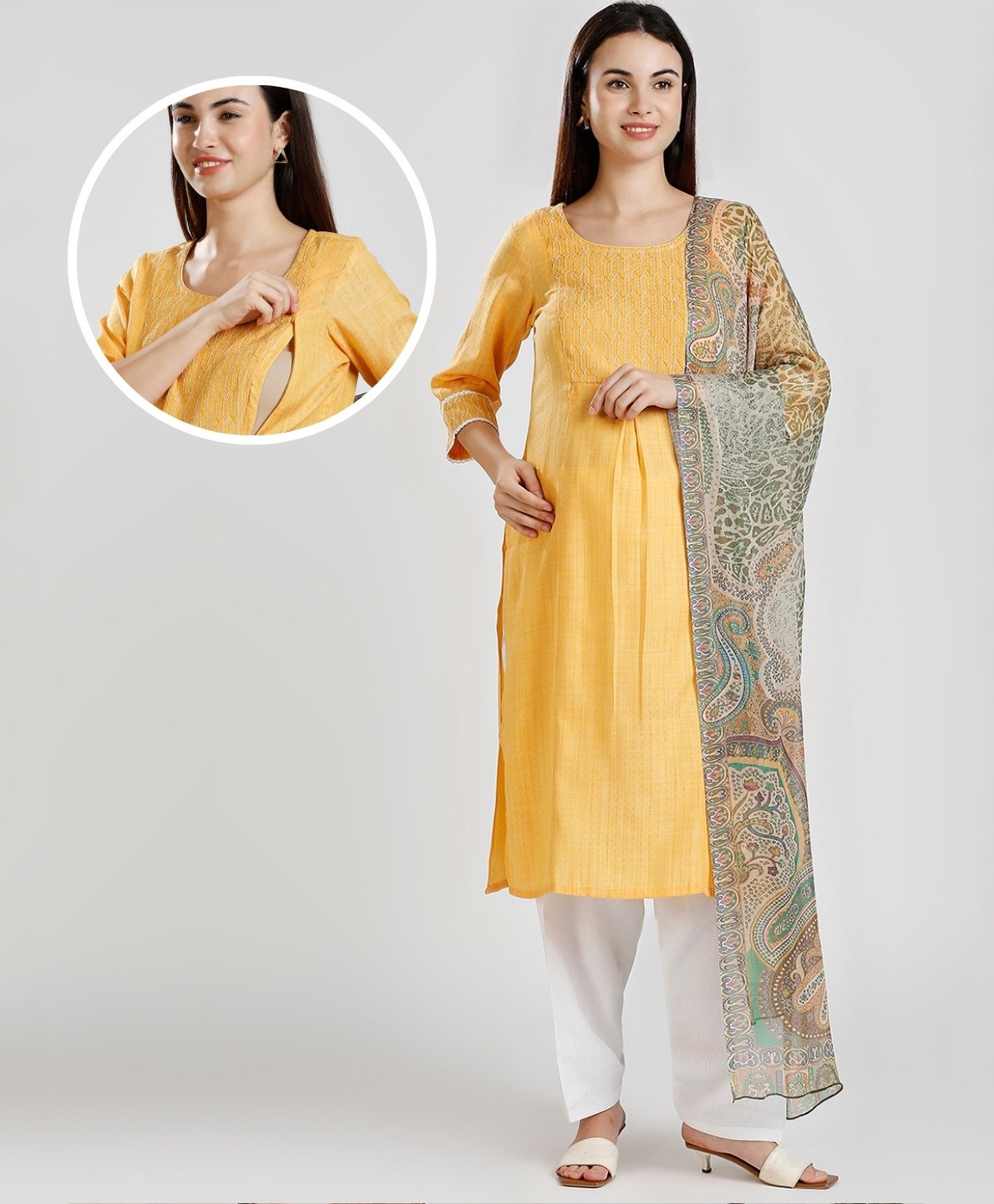 Dummy Shape Three Fourth Sleeves Abstract Embroidered Maternity Kurta With Concealed Zipper Nursing Access & Patiala Dupatta Set - Mustard