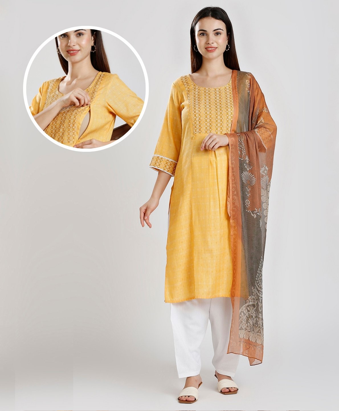 Dummy Shape Three Fourth Sleeves Abstract Embroidered Maternity Kurta With Concealed Zipper Nursing Access With Patiala & Dupatta Set- Yellow