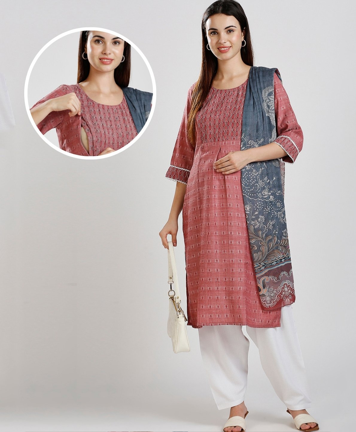 Dummy Shape Three Fourth Sleeves Abstract Embroidered Maternity Kurta With Concealed Zipper Nursing Access With Patiala & Dupatta Set - Pink